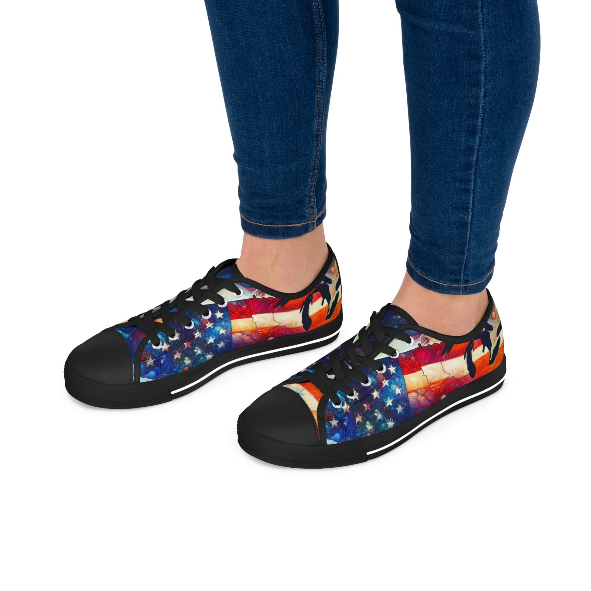 Patriotic Women's Low Top Sneakers, Casual Shoes, American Flag Sneakers, Summer Footwear, Ideal for July 4th, Comfortable Everyday Sneakers