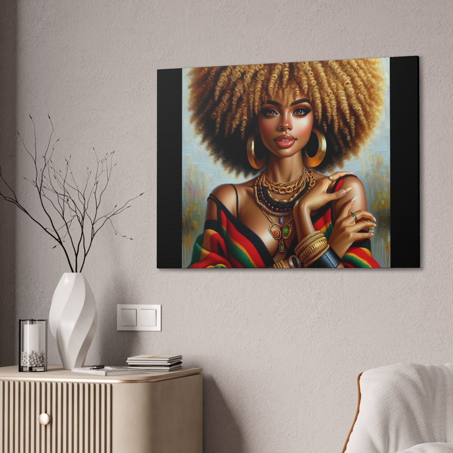 Stretched Canvas Art Print – Afrocentric Portrait, Black Woman Confidence Canvas Art in Afrocentric Colors, 92 % Women Merchandise