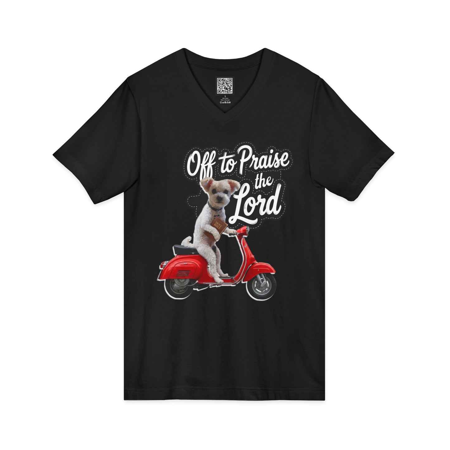 Personalized Dog on Scooter V-Neck Tee - "Off to Praise the Lord"