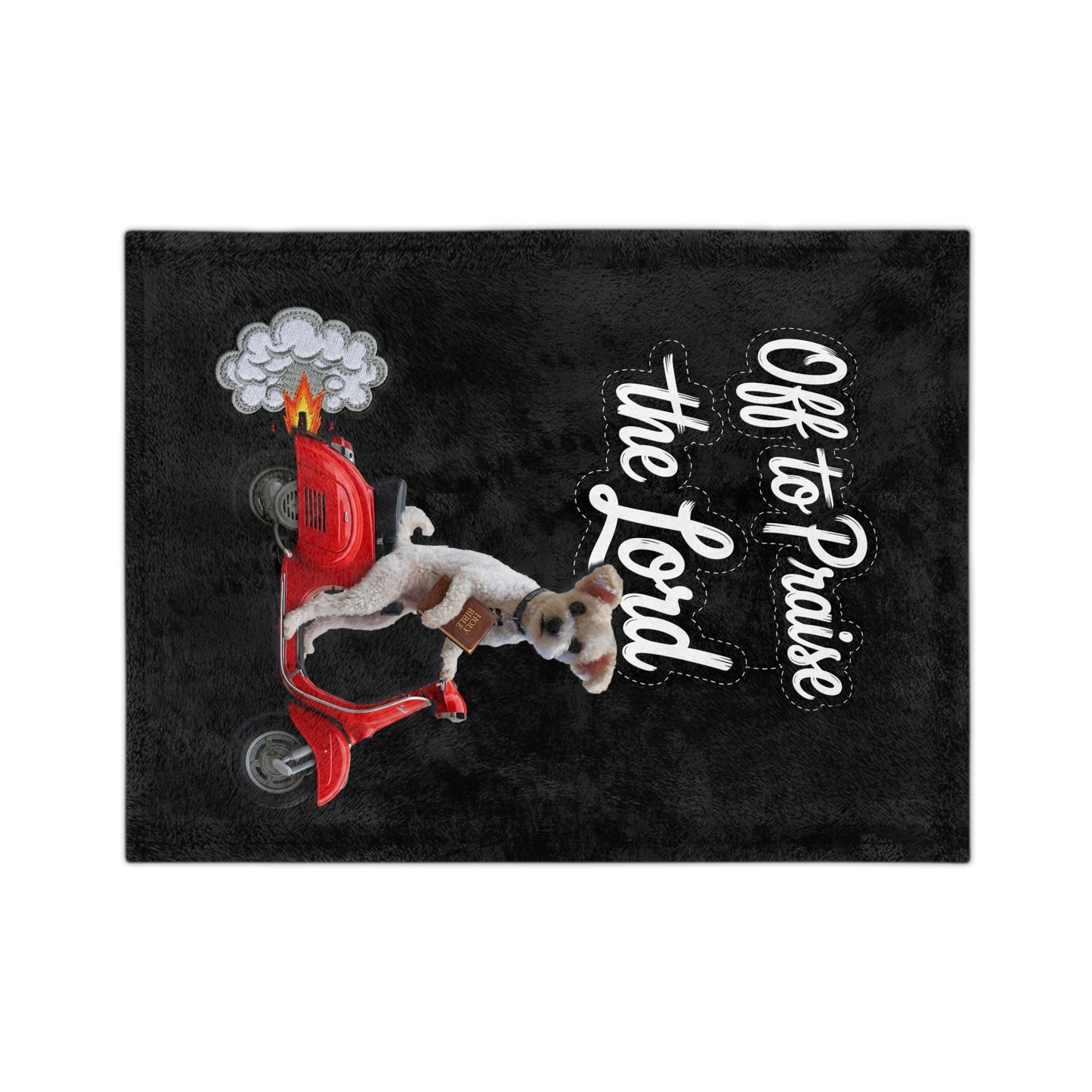 Custom Off to Praise the Lord Velveteen Microfiber Blanket — Christian Dog on Red Scooter