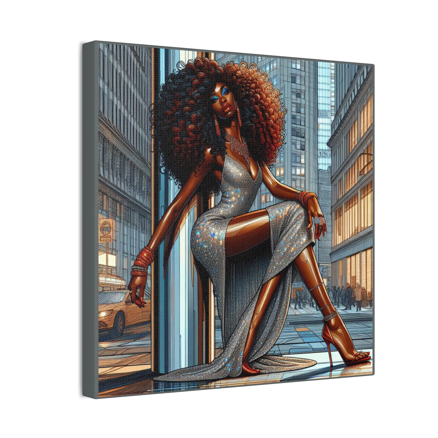 Chic Urban Canvas Art - Glamorous Fashionista Wall Decor, Black Art Collection, Beautiful Black Woman Posing Silver and Gray Canvas Art