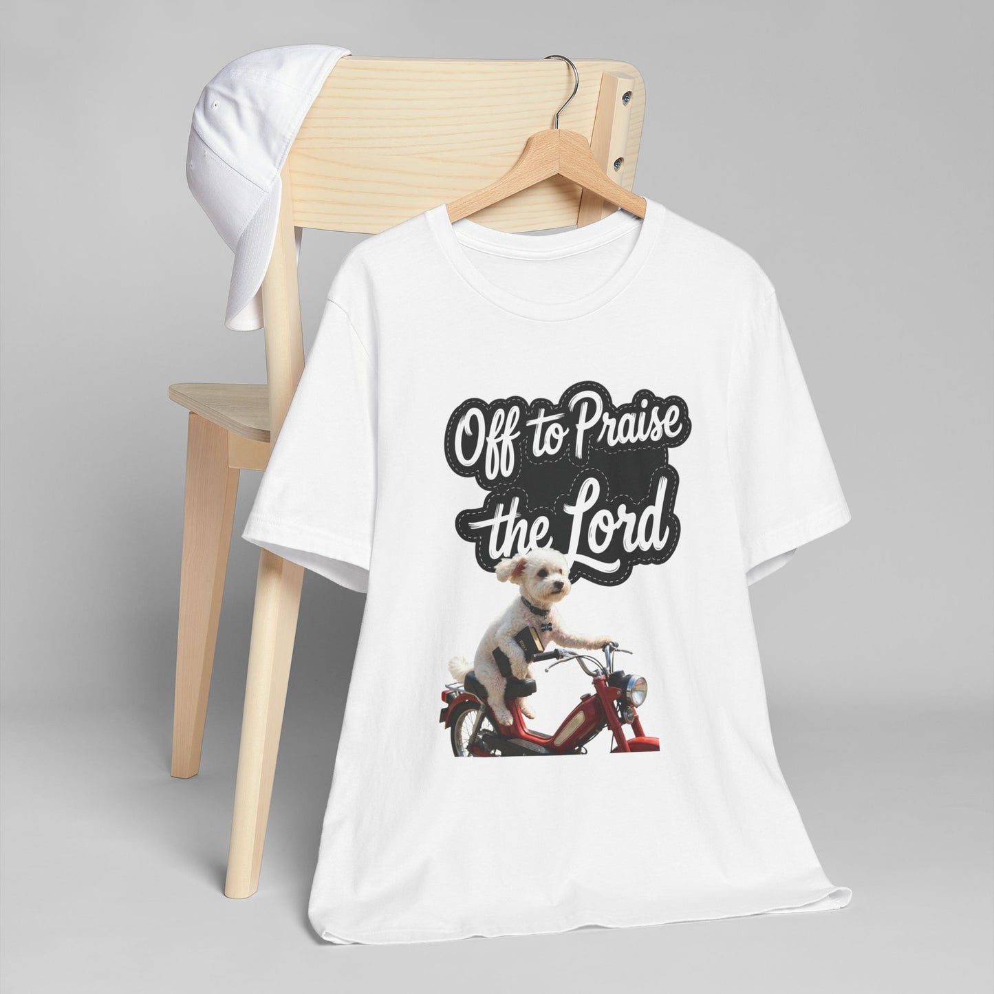 Personalized T-Shirt — "Off to Praise the Lord" Dog on Motorcycle Graphic