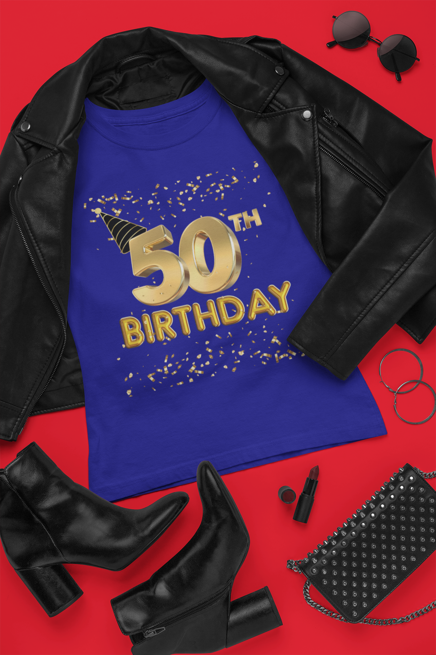 Women 50th Birthday Jersey Short Sleeve V-Neck Tee, Women 50th Birthday Shirt, Gold and Black 50th Birthday T-Shirt