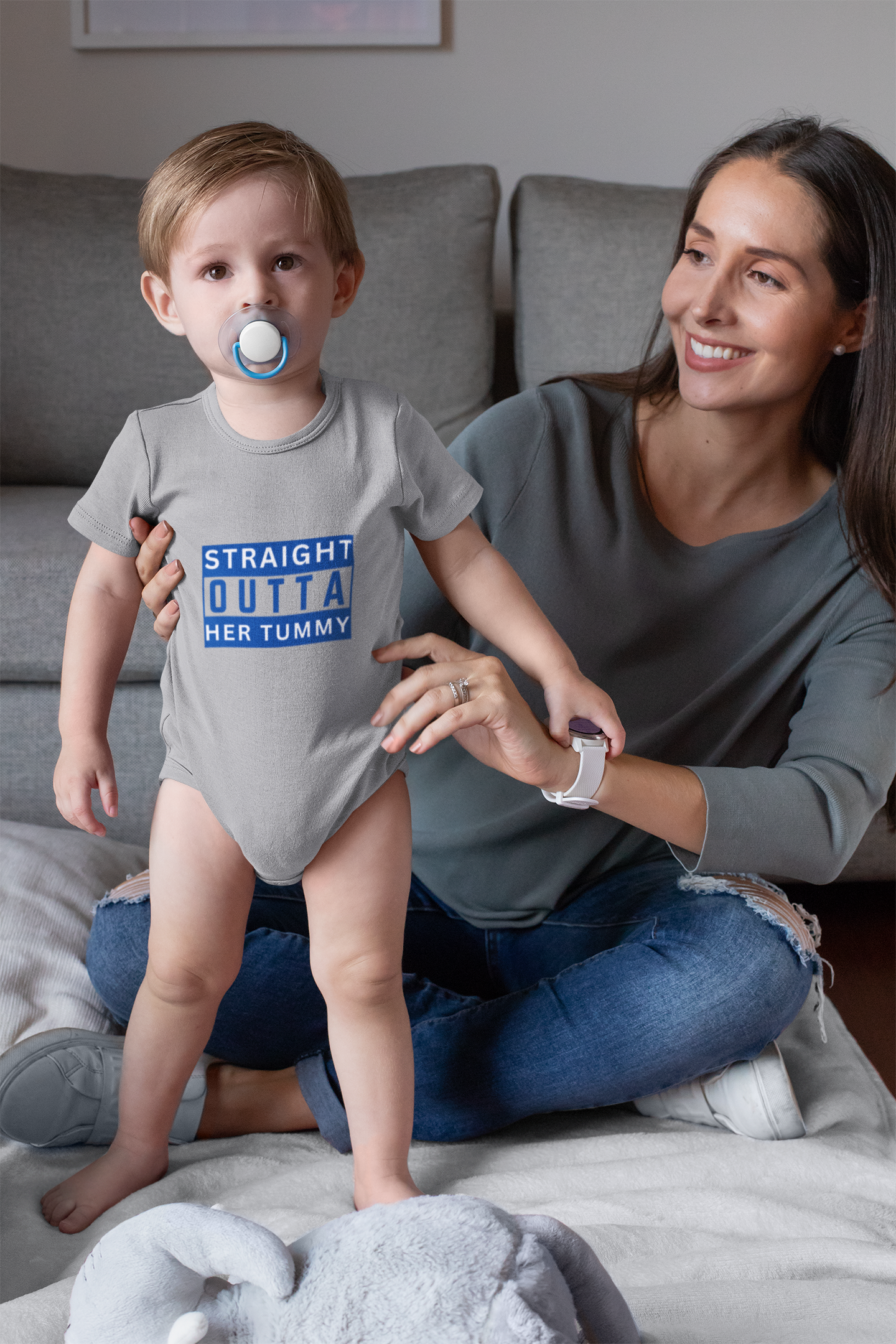 Straight Outta Her Tummy Infant Boys Fine Jersey Bodysuit, Funny Baby Onesie, Cute Baby Boy Onesie from 0-24 Months, Cute Baby Shower Gift
