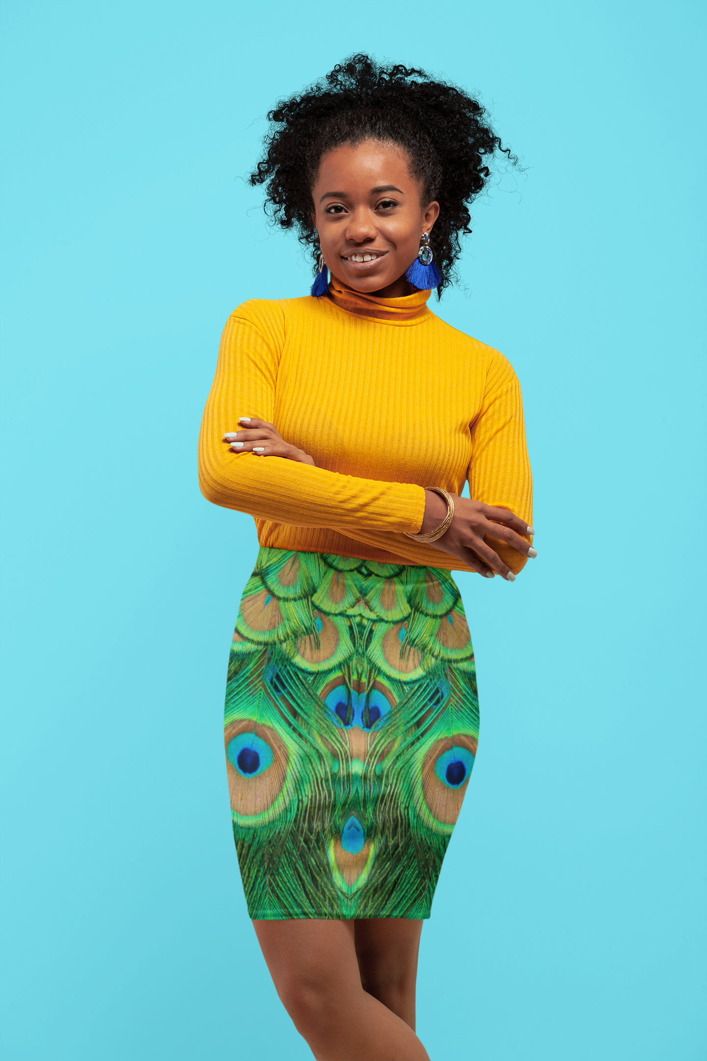 Peacock Print Women's Mid-Waist Pencil Skirt, Stylish Peacock Print & Vibrant Fashion for Women, Peacock Lover Merch