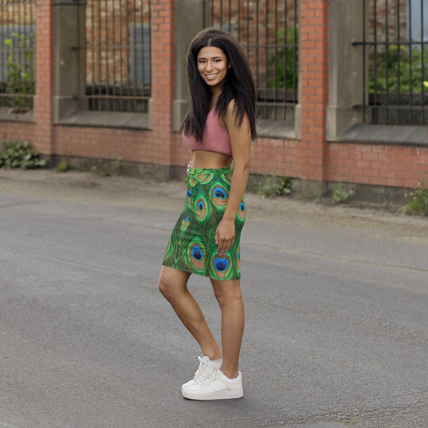 Peacock Print Women's Mid-Waist Pencil Skirt, Stylish Peacock Print & Vibrant Fashion for Women, Peacock Lover Merch