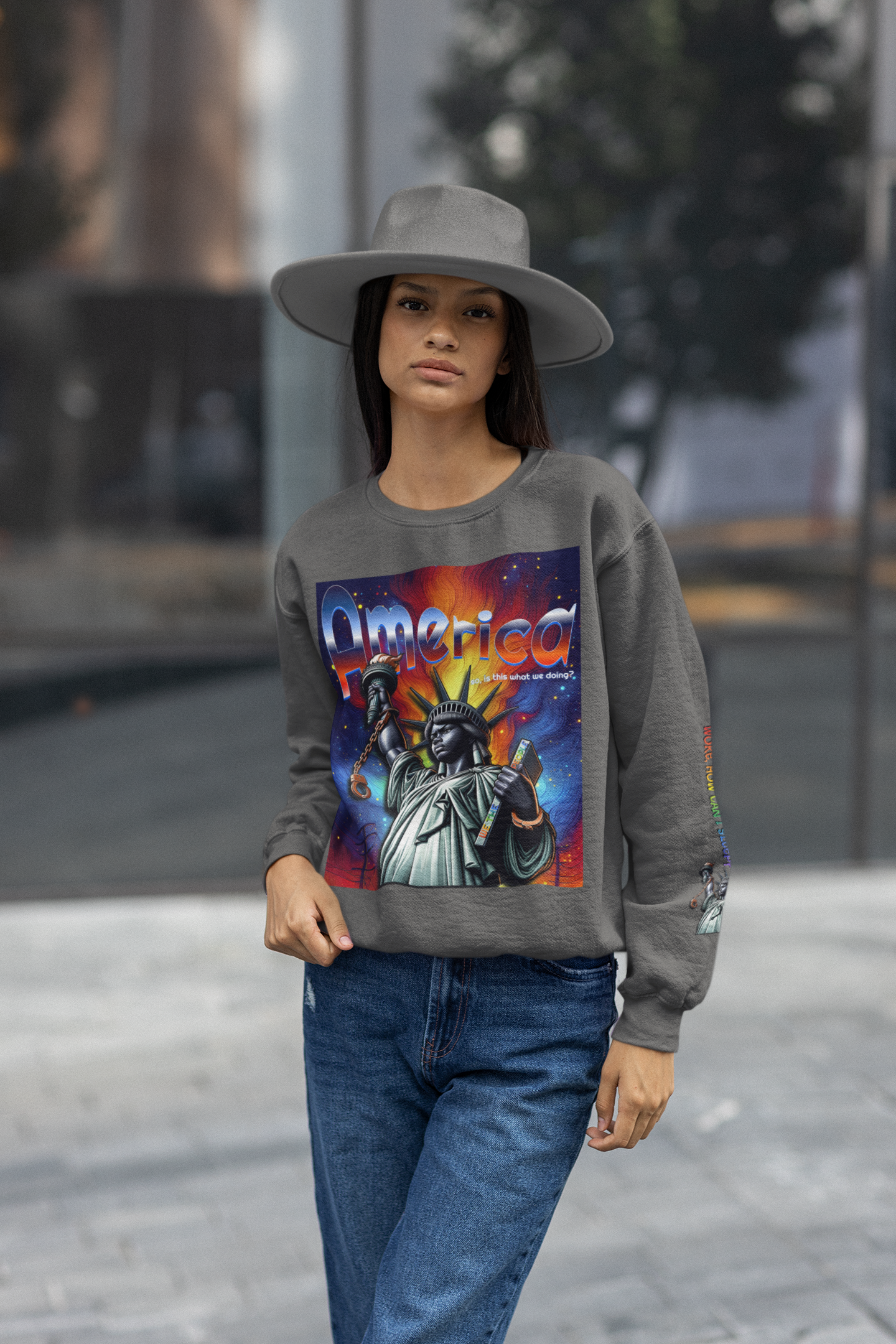 America Graphic Crewneck Sweatshirt - Juneteenth Unisex Heavy Blend™ - Casual Activist Fashion, No Kings Protest Shirt, Hands Off Protest Tee