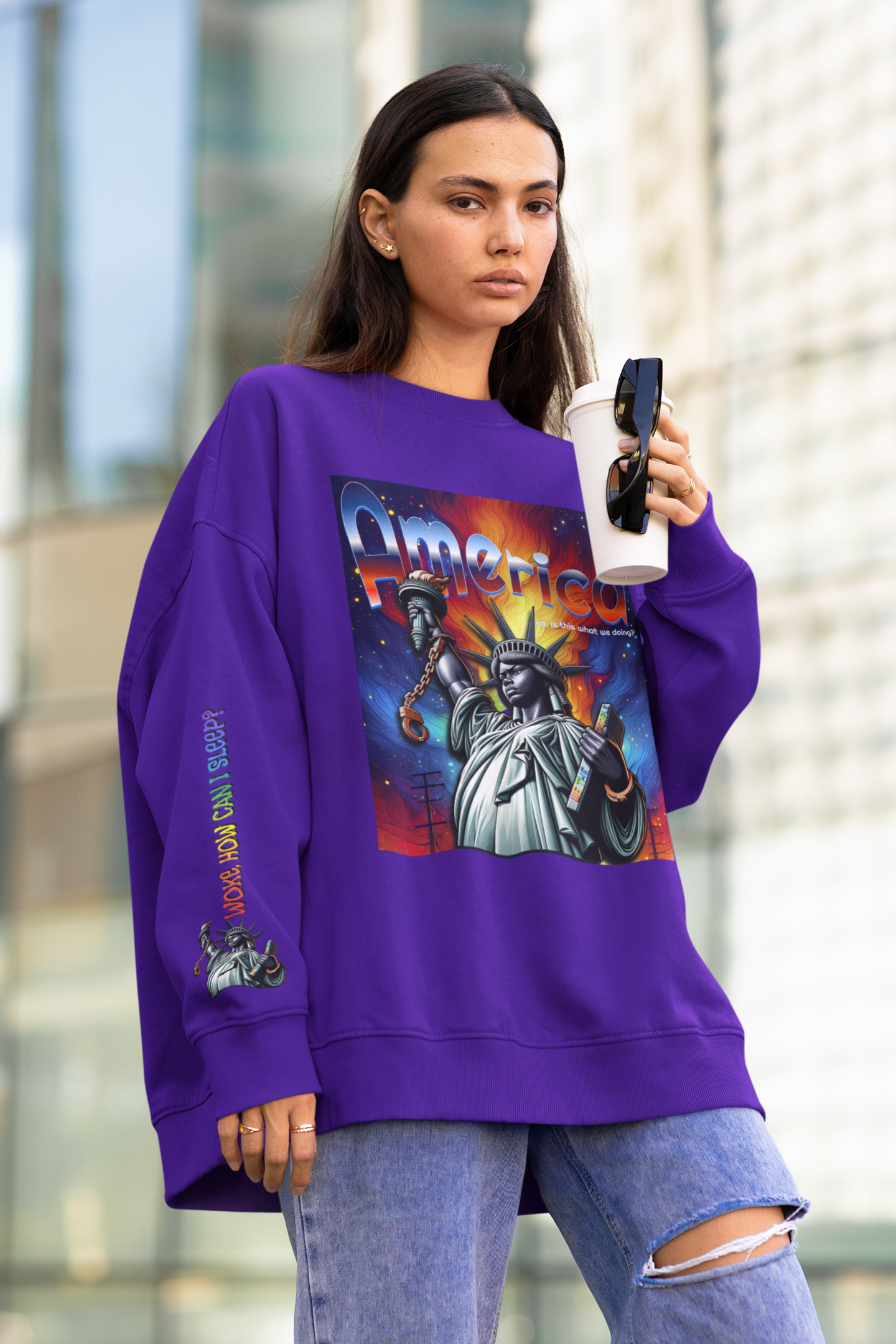 America Graphic Crewneck Sweatshirt - Juneteenth Unisex Heavy Blend™ - Casual Activist Fashion, No Kings Protest Shirt, Hands Off Protest Tee
