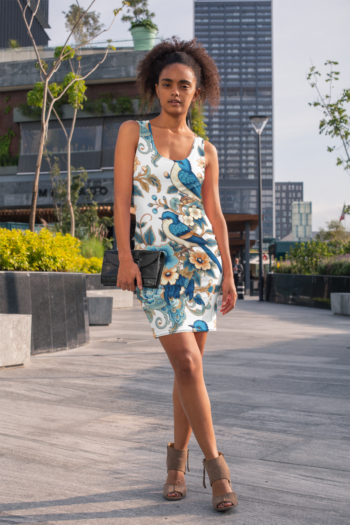 Bohemian Blue Bird Floral Racerback Dress, Summer Dress, Casual Sundress, Vacation Outfit, Unique Gift for Her, Stylish Day Dress