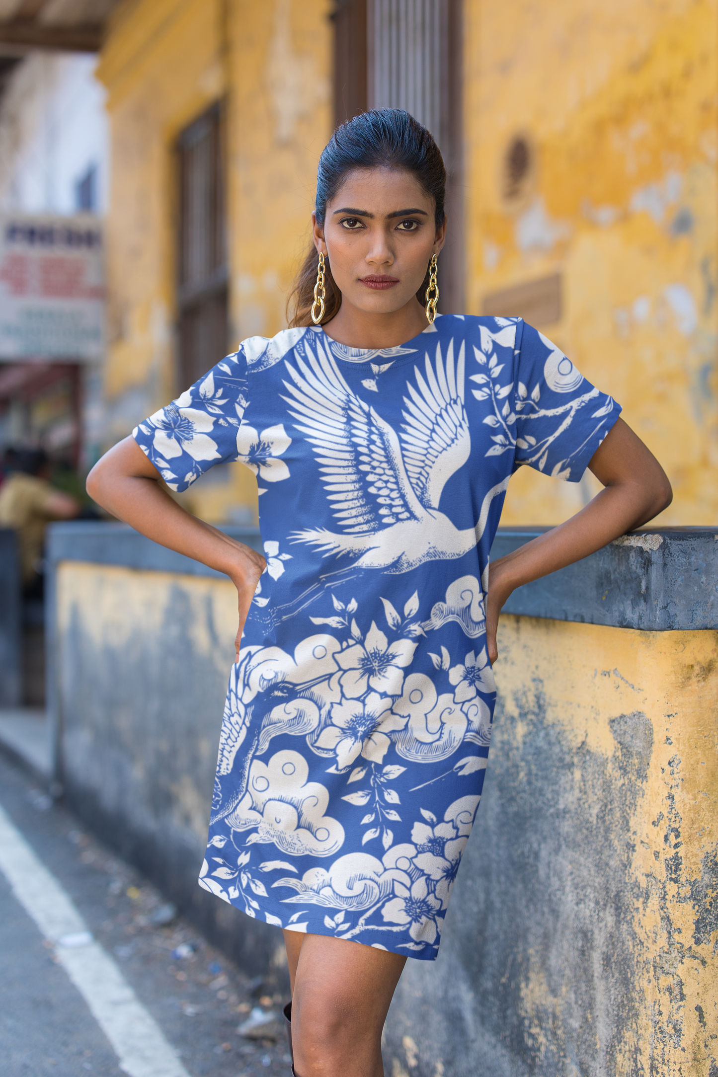 Elegant Floral Crane T-Shirt Dress | Boho Fashion, Casual Wear, Summer Dress, Beach Outfit, Gift for Her
