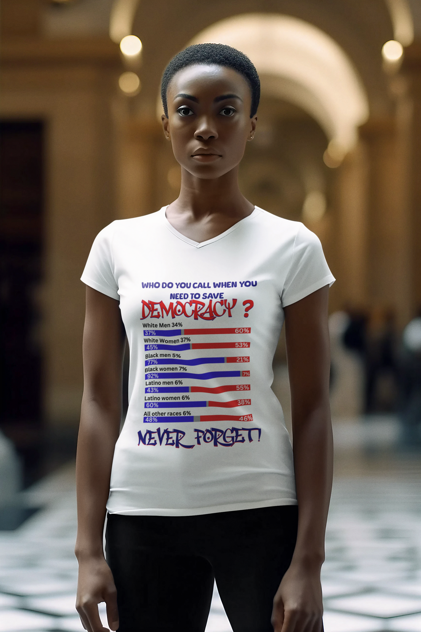 92% T-Shirt, The Power of Black Women Jersey Short Sleeve V-Neck Tee, Who do You Call When You Need to Save Democracy? Black Woman Rest Era