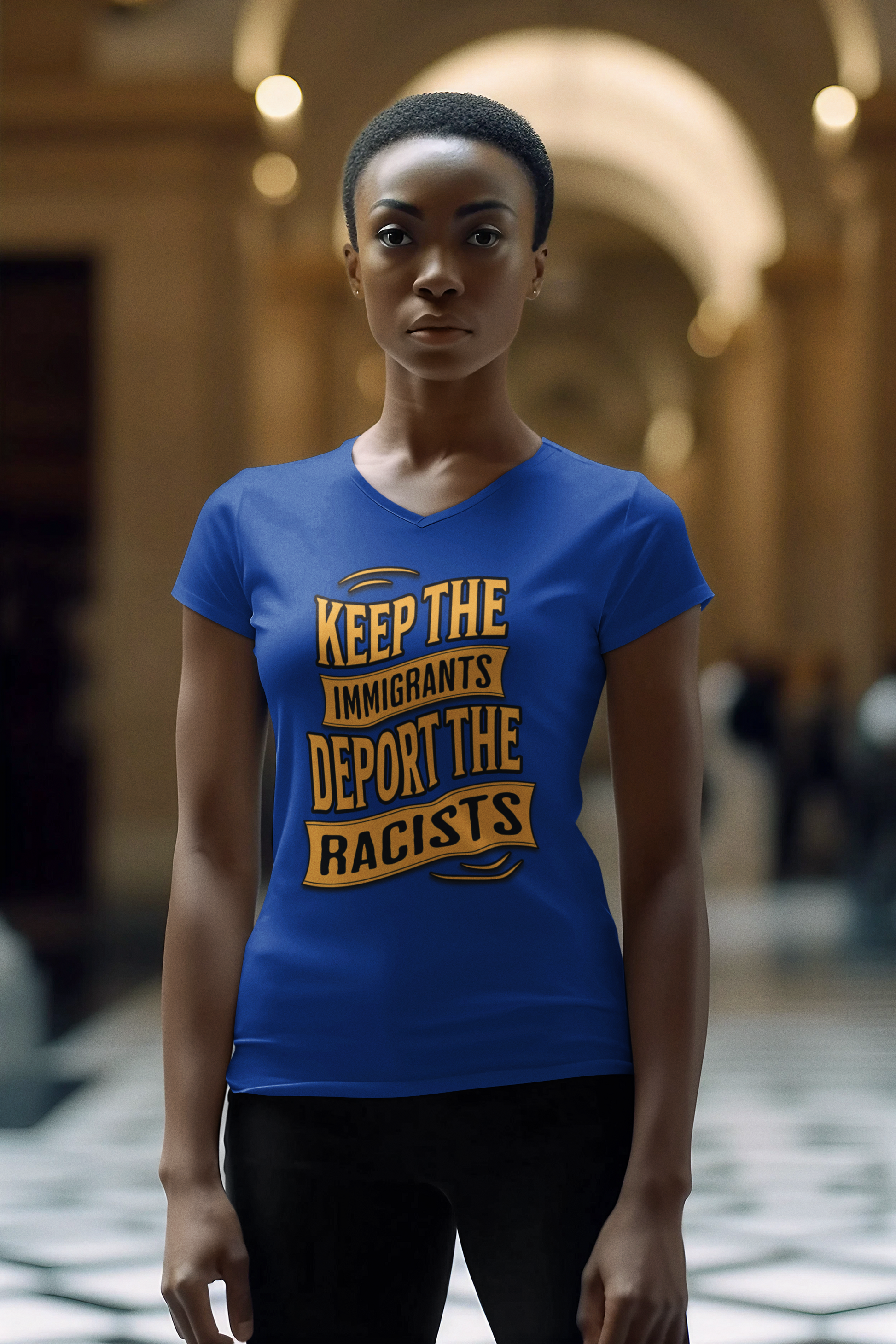 Person wearing a blue t-shirt with a political message in an indoor setting