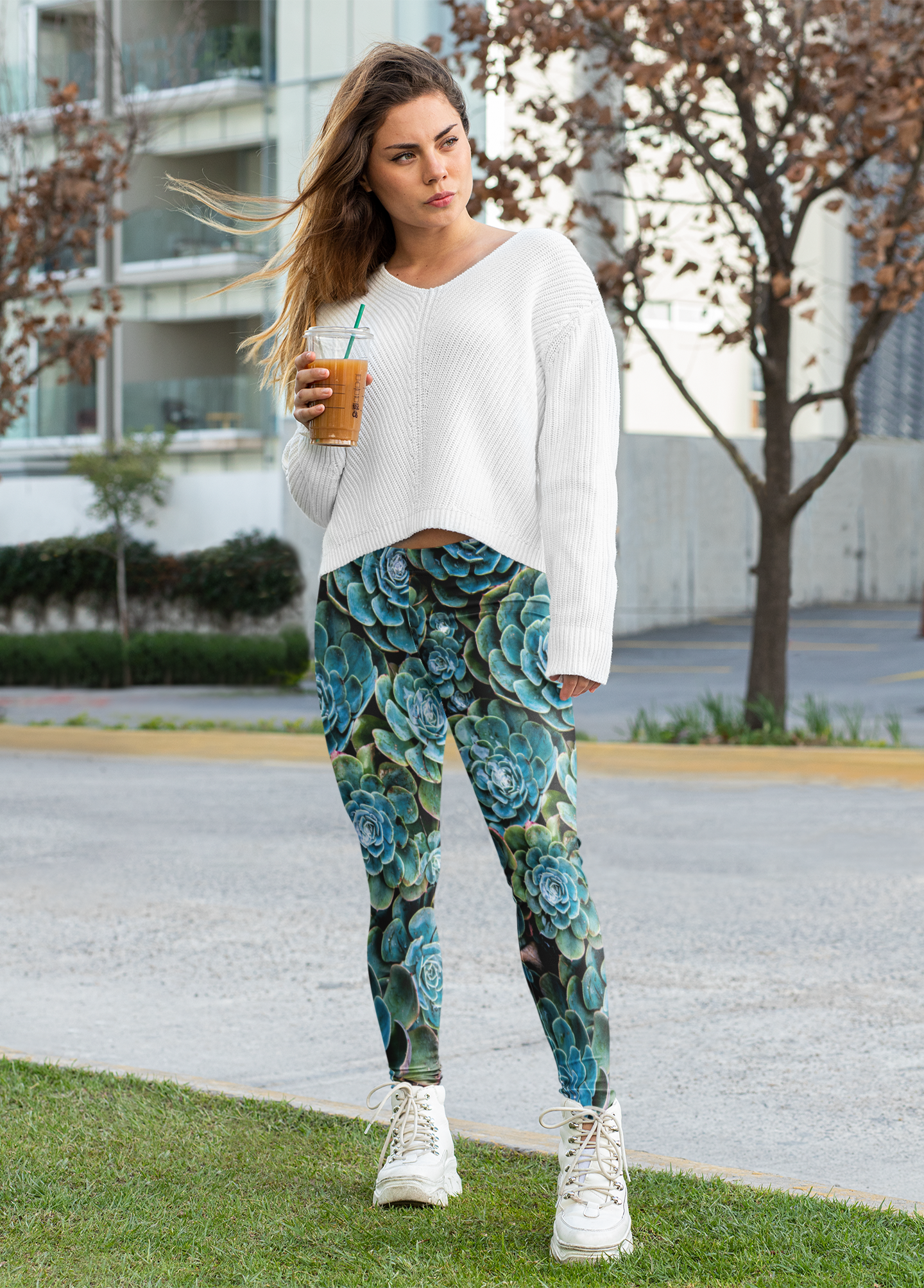 Succulent Print Women's Leggings — Botanical Green AOP Yoga Pants