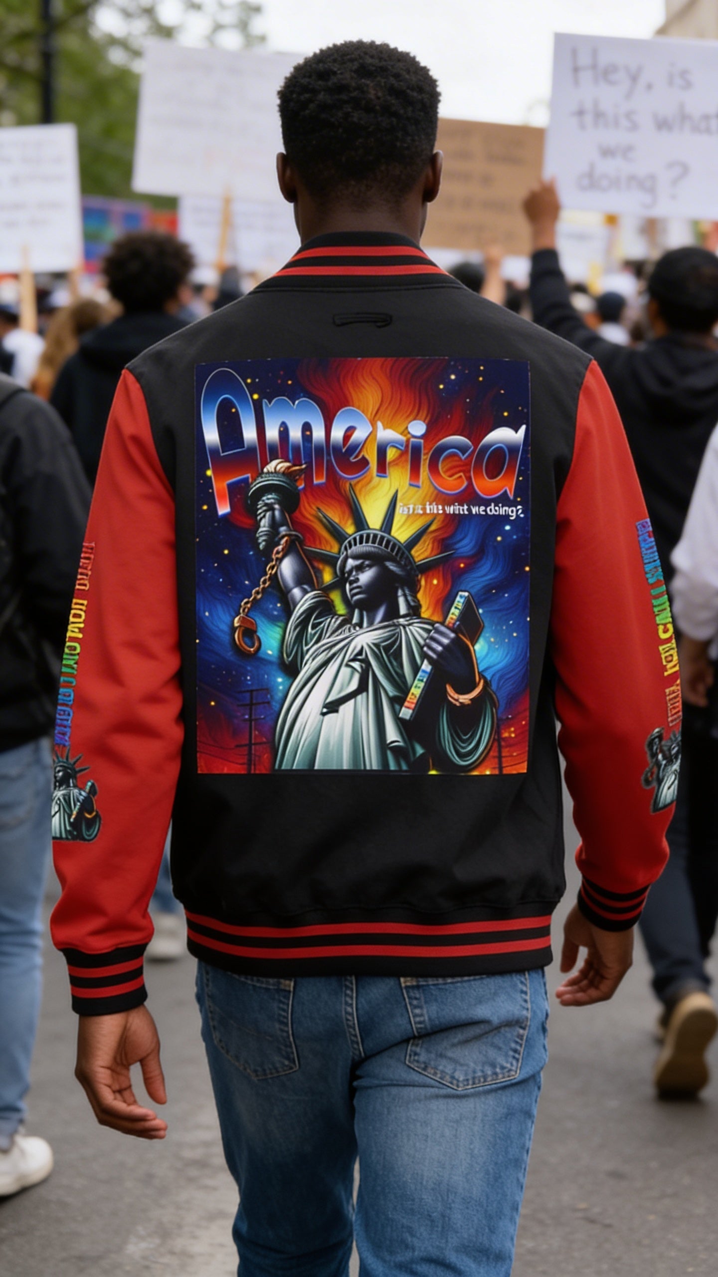 Letterman Jacket — 'America' Statue of Liberty Retro Graphic