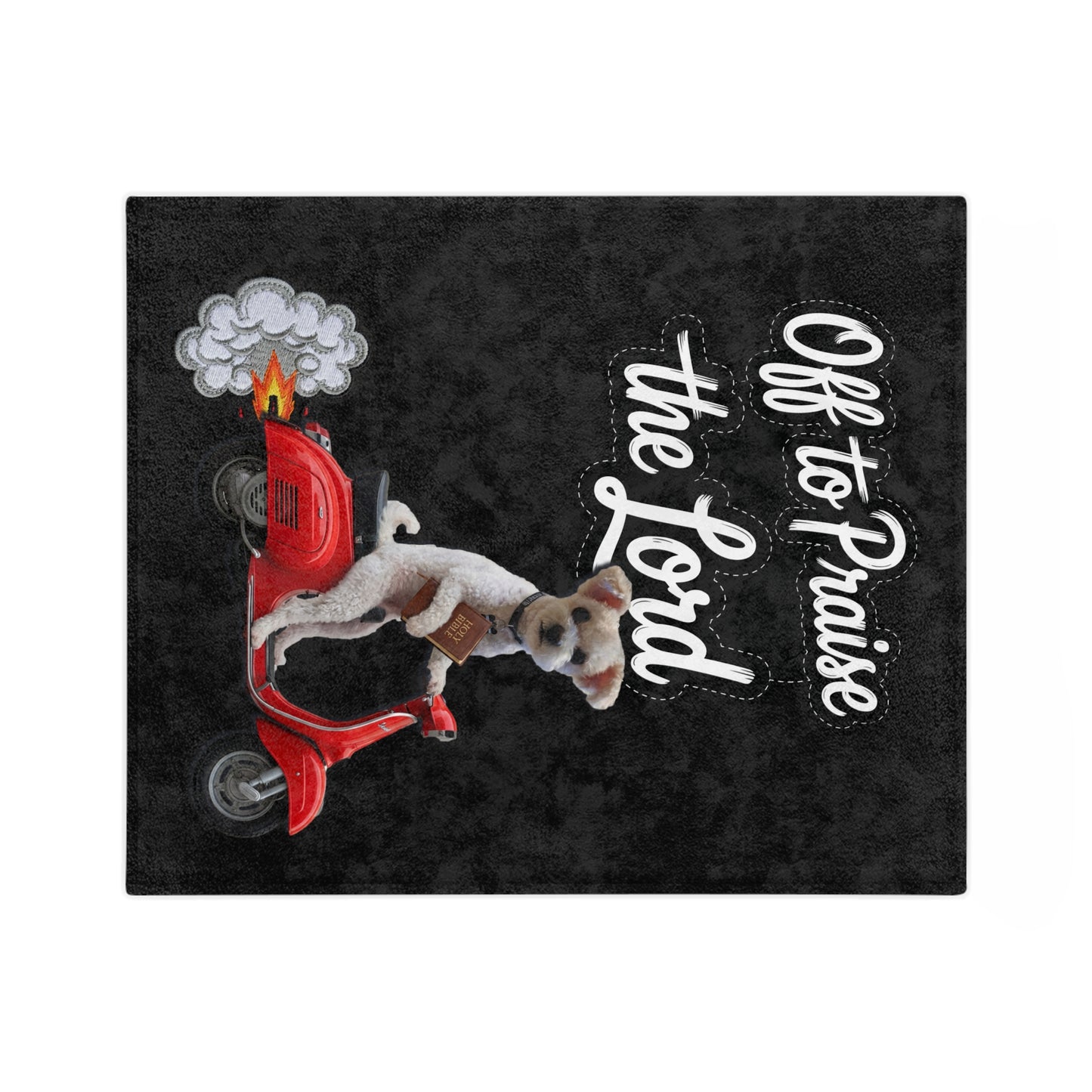 Custom Off to Praise the Lord Velveteen Microfiber Blanket — Christian Dog on Red Scooter