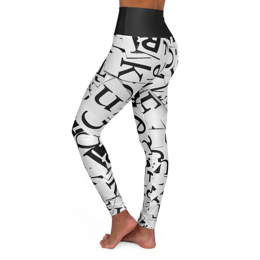 High Waisted Black & White Letter Yoga Leggings, Cute Yoga Pants for Women, Ladies Black and White Yoga Pants