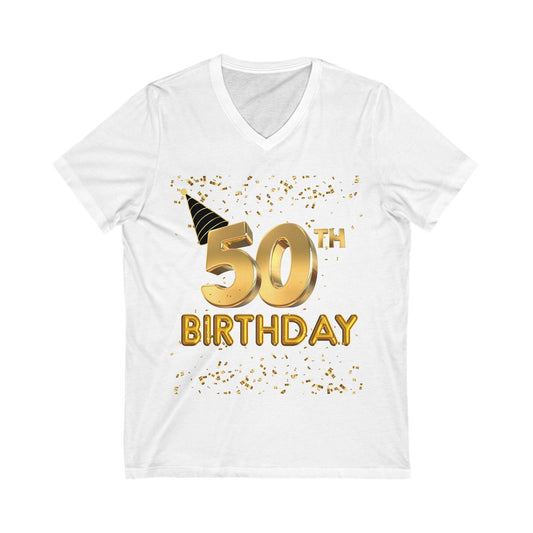 Women 50th Birthday Jersey Short Sleeve V-Neck Tee, Women 50th Birthday Shirt, Gold and Black 50th Birthday T-Shirt