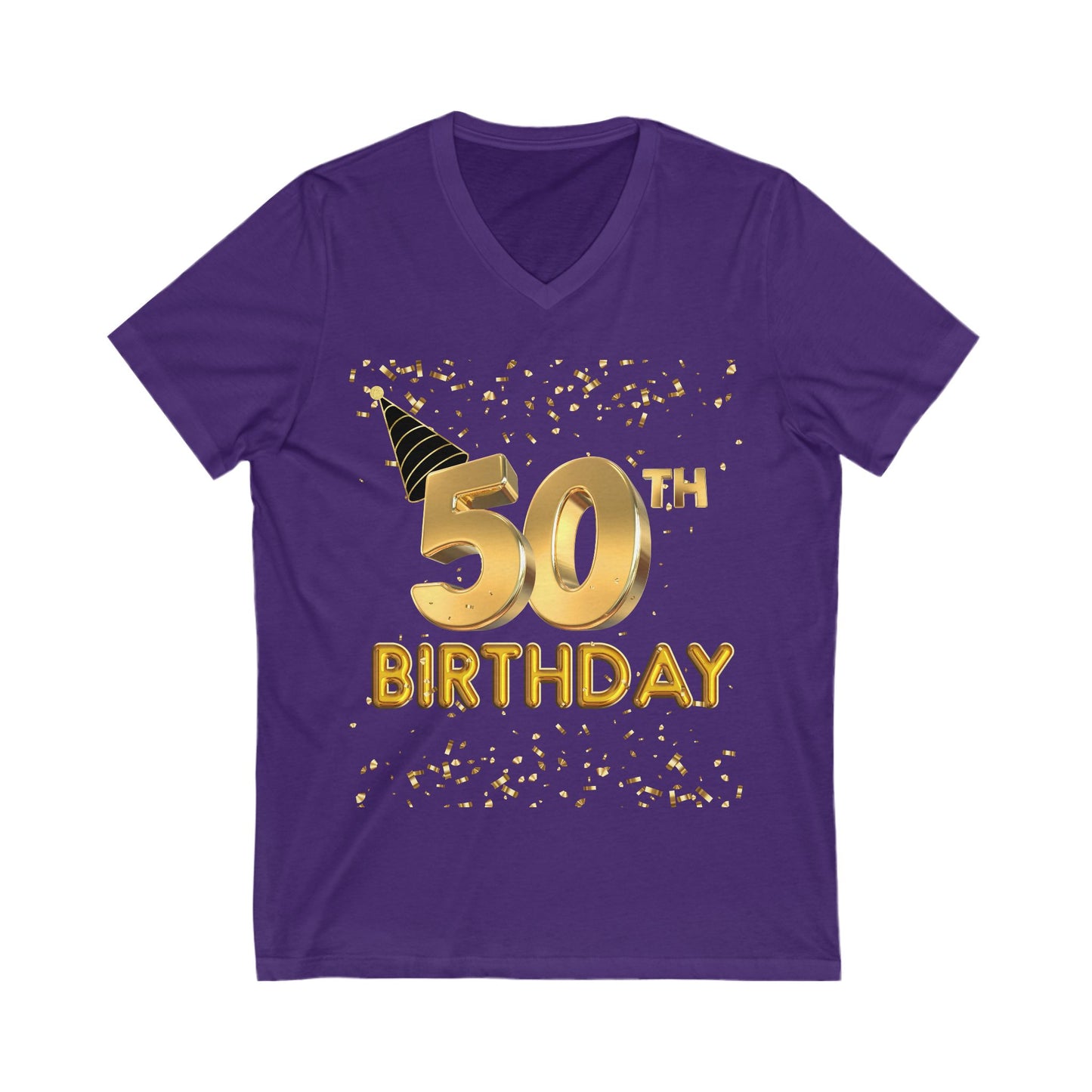 Women 50th Birthday Jersey Short Sleeve V-Neck Tee, Women 50th Birthday Shirt, Gold and Black 50th Birthday T-Shirt