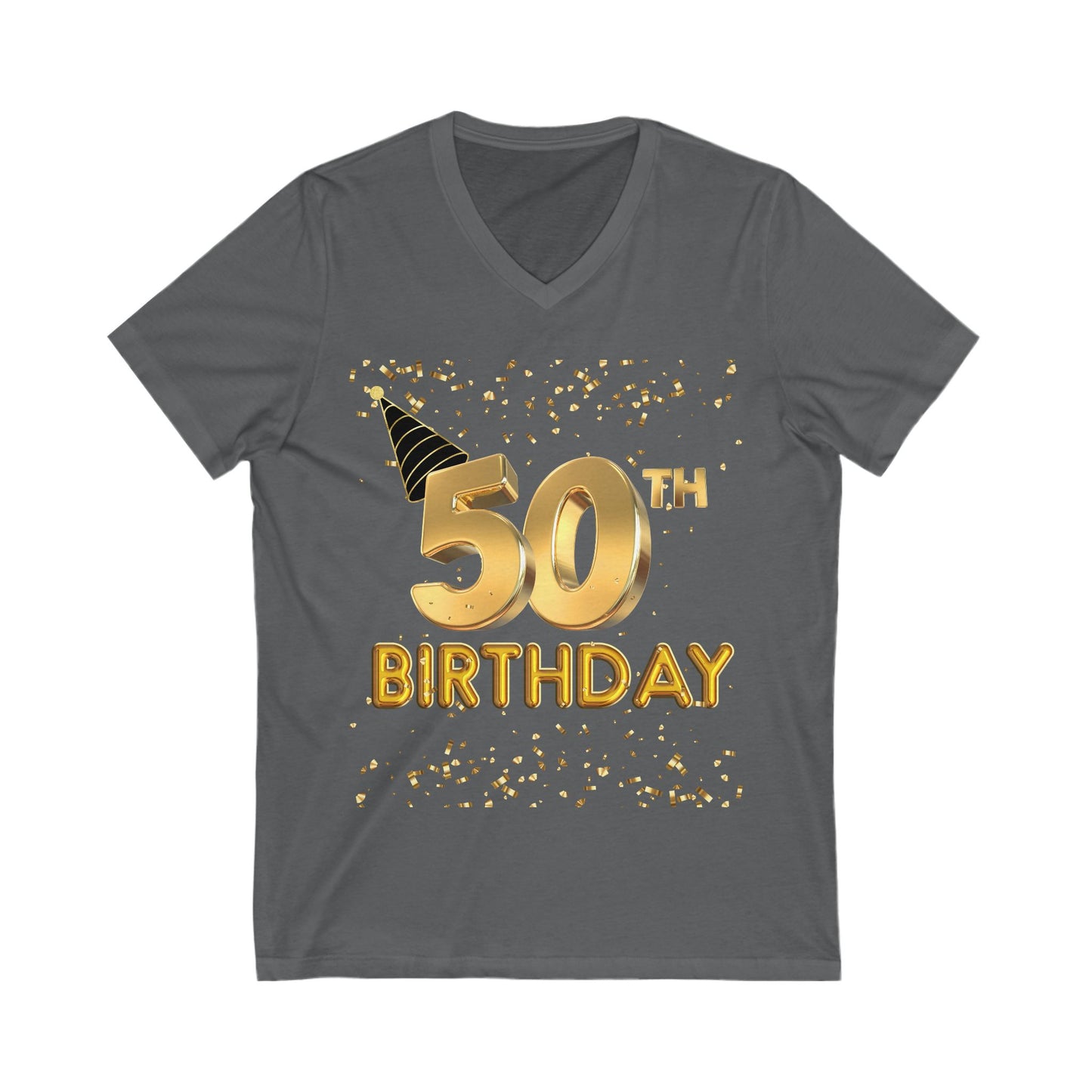 Women 50th Birthday Jersey Short Sleeve V-Neck Tee, Women 50th Birthday Shirt, Gold and Black 50th Birthday T-Shirt