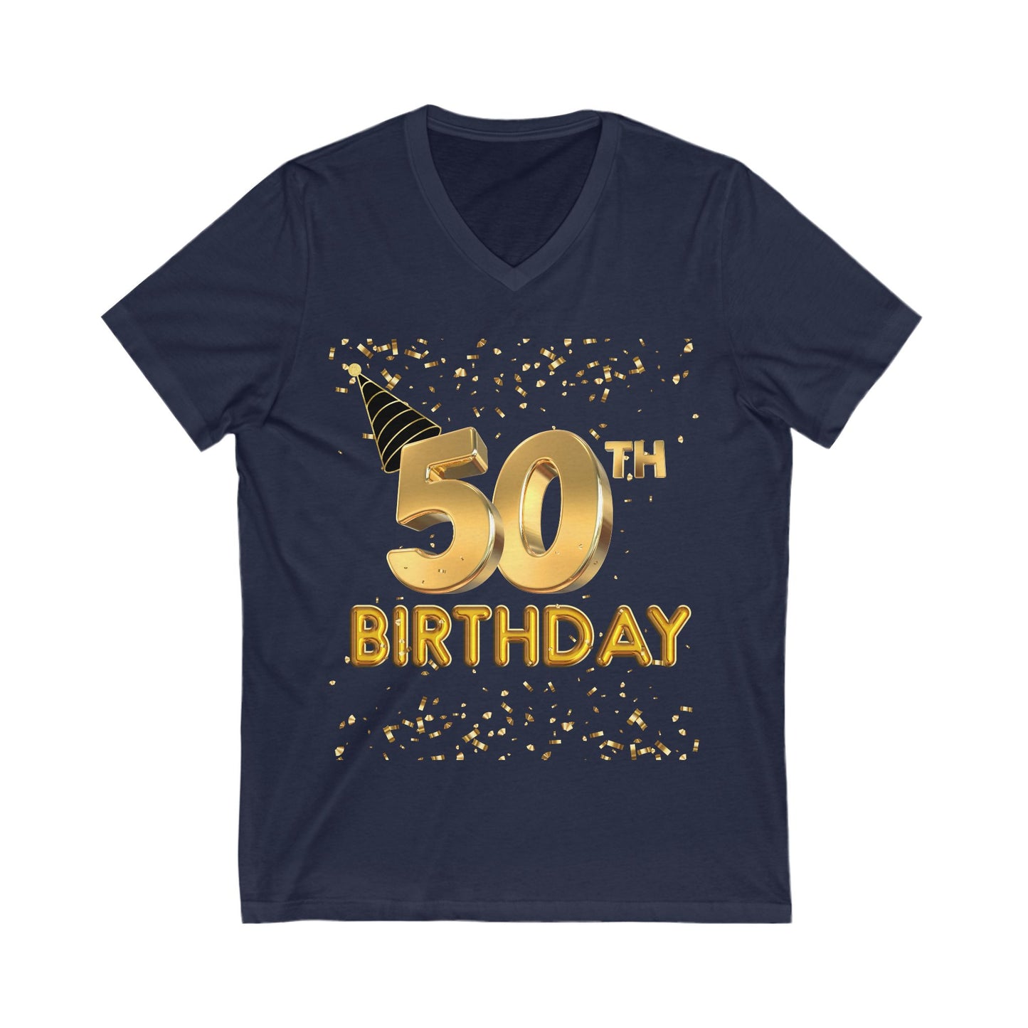 Women 50th Birthday Jersey Short Sleeve V-Neck Tee, Women 50th Birthday Shirt, Gold and Black 50th Birthday T-Shirt