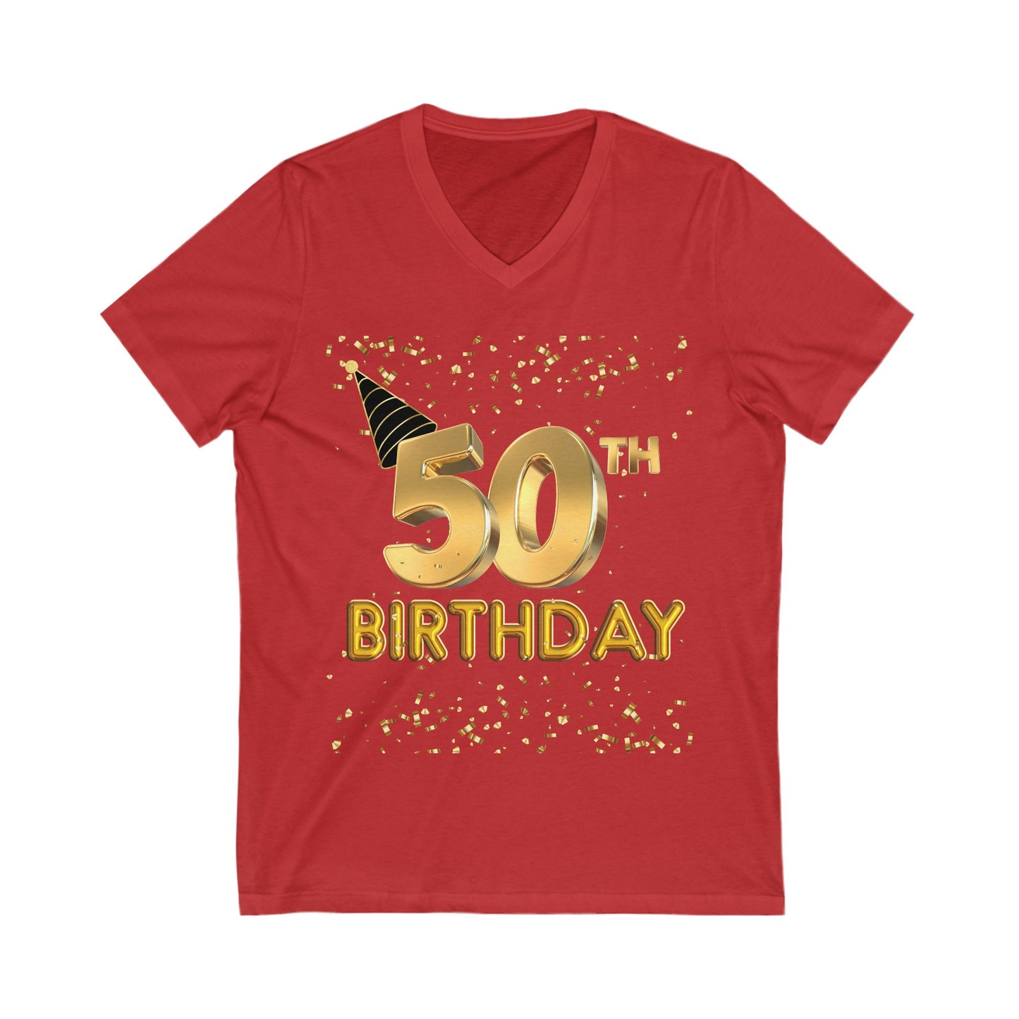 Women 50th Birthday Jersey Short Sleeve V-Neck Tee, Women 50th Birthday Shirt, Gold and Black 50th Birthday T-Shirt
