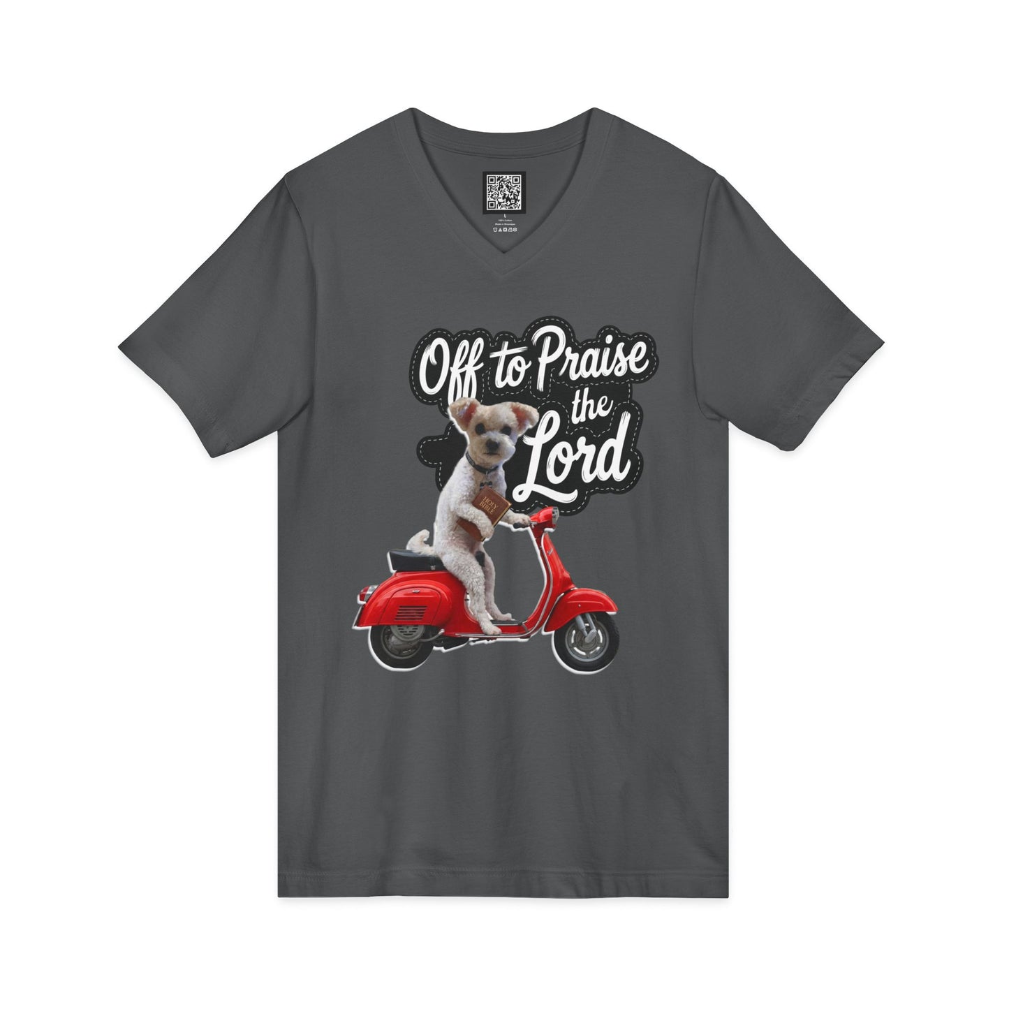 Personalized Dog on Scooter V-Neck Tee - "Off to Praise the Lord"