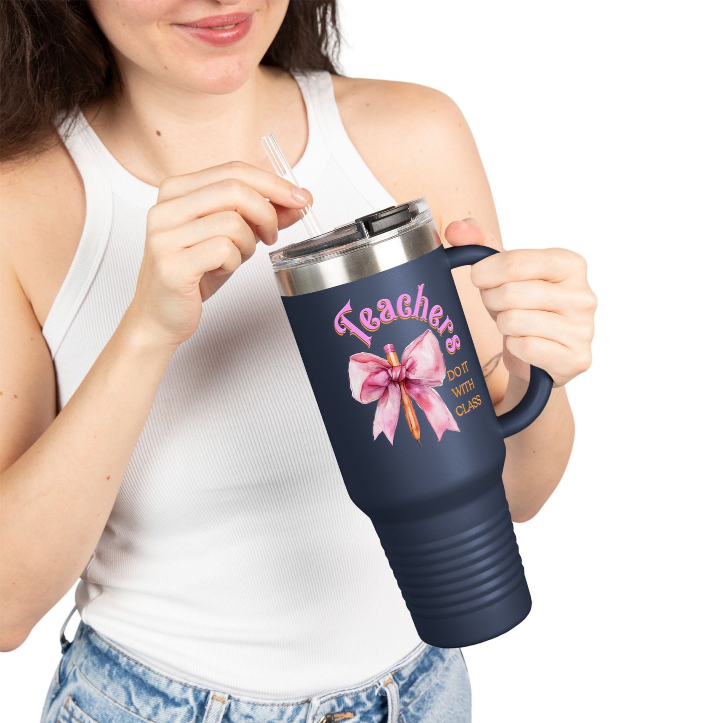 Stylish Insulated Travel Mug for Teachers, Cute 40oz Coquette Teacher Tumbler, Gifts for Educators, Coffee Lover Travel Cup, Back to School Mug Gift