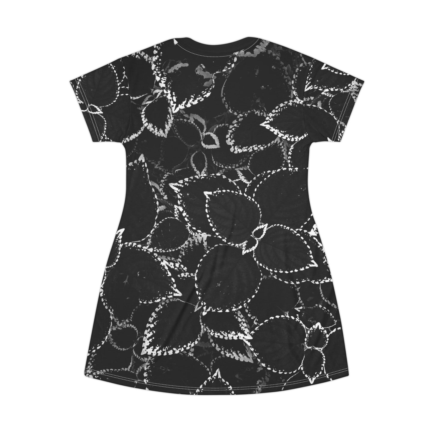 Black Leaf Print T-Shirt Dress, Cute T-Shirt Dress for Women, Black and White T-Shirt Dress, Semi-Casual Dress for Any Occasion