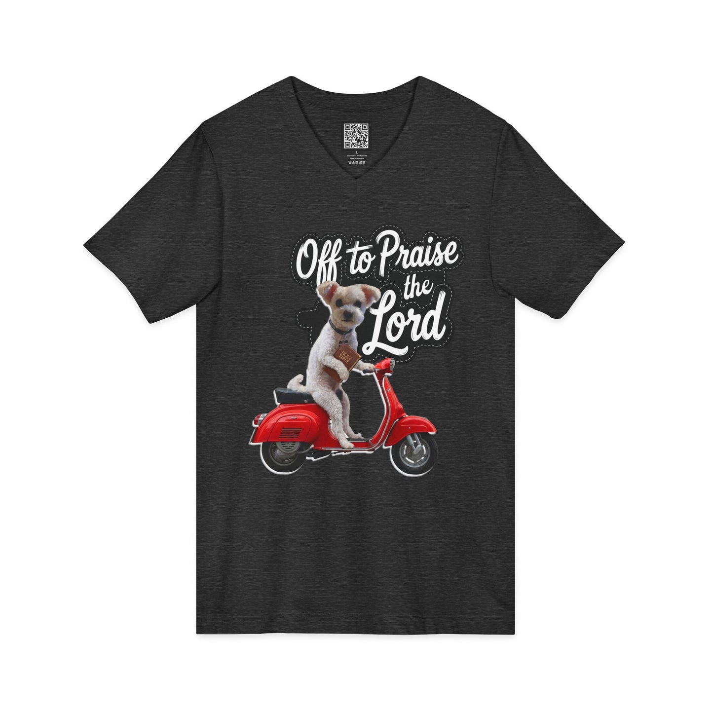 Personalized Dog on Scooter V-Neck Tee - "Off to Praise the Lord"