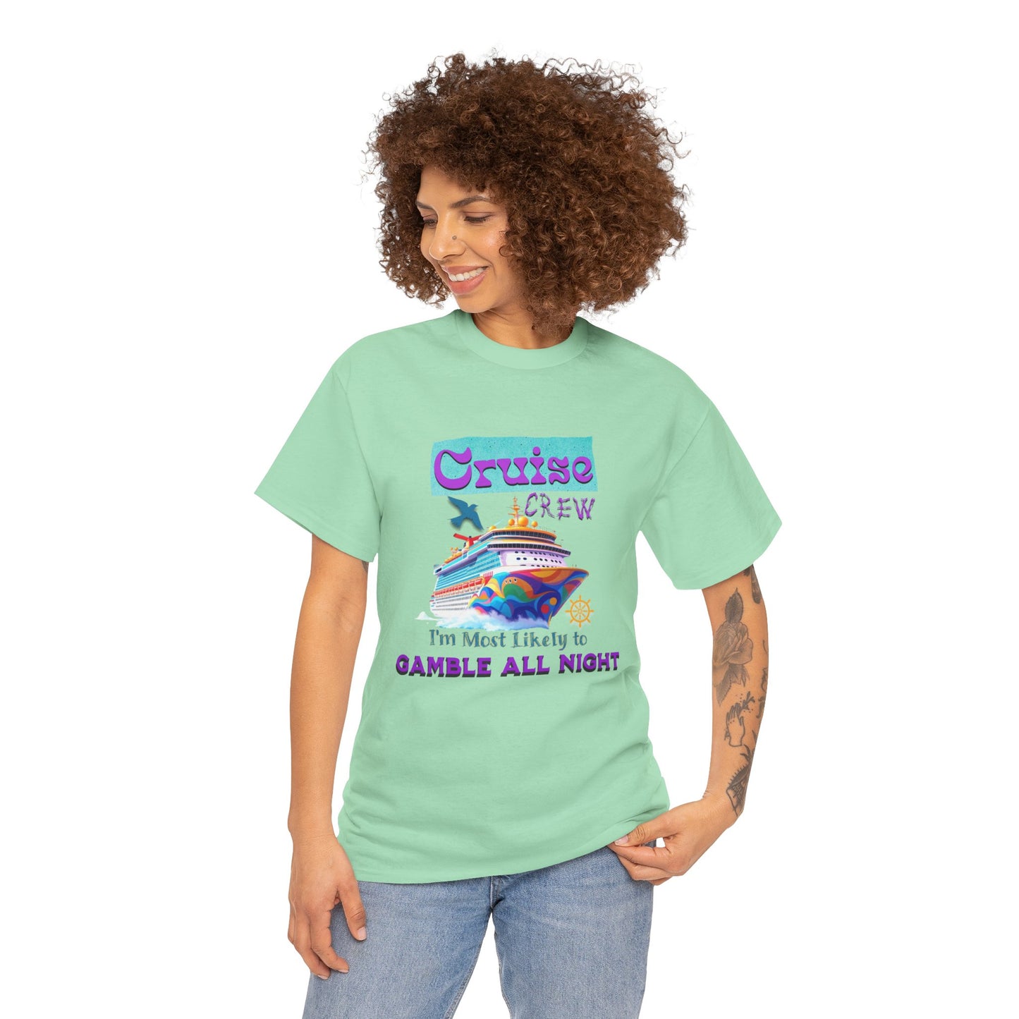Cruise Crew Heavy Cotton Tee - Gamble All Night, Vacation Shirt, Cruise Wear, Fun Travel Outfit, Summer Party Top, Gambler's T-Shirt