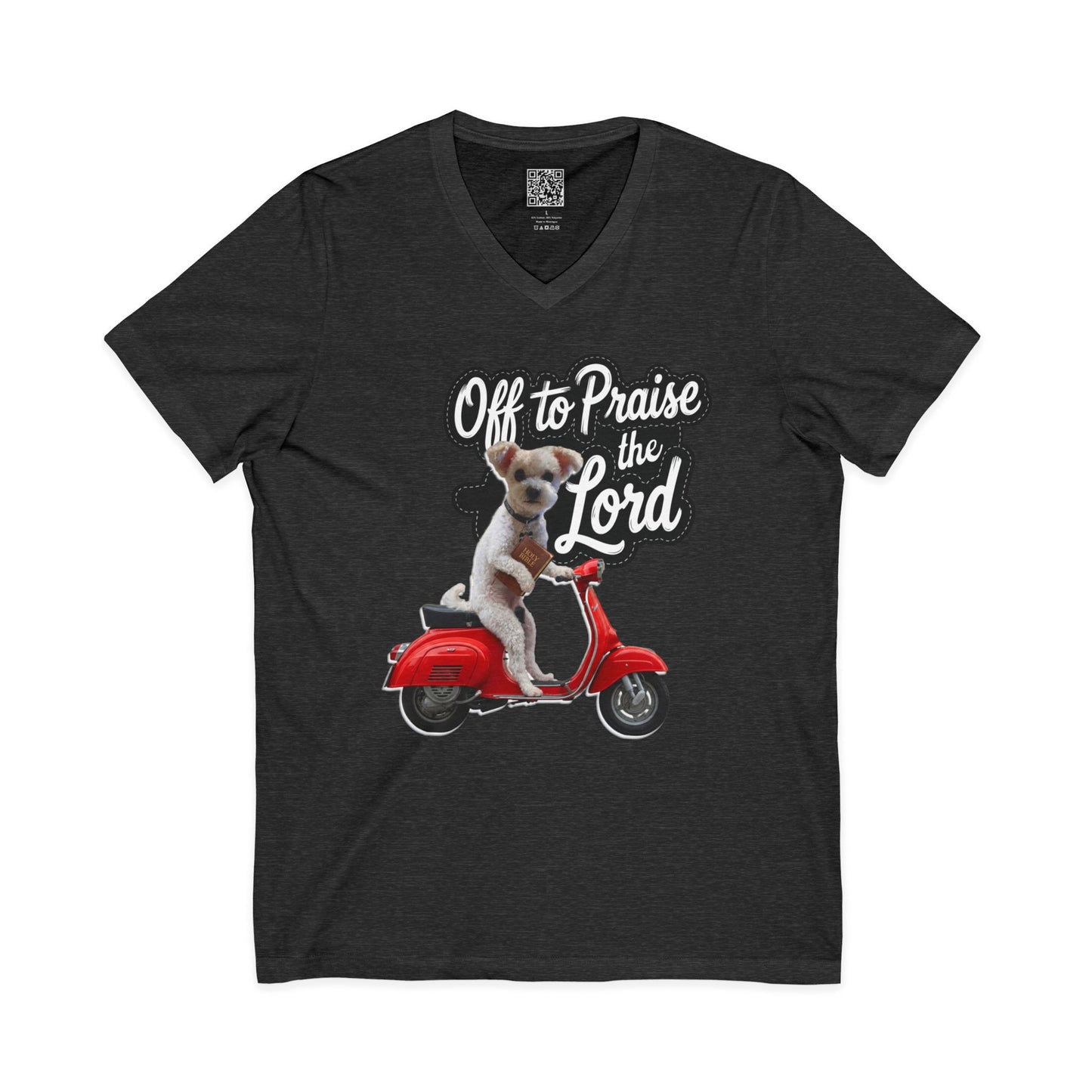 Personalized Dog on Scooter V-Neck Tee - "Off to Praise the Lord"