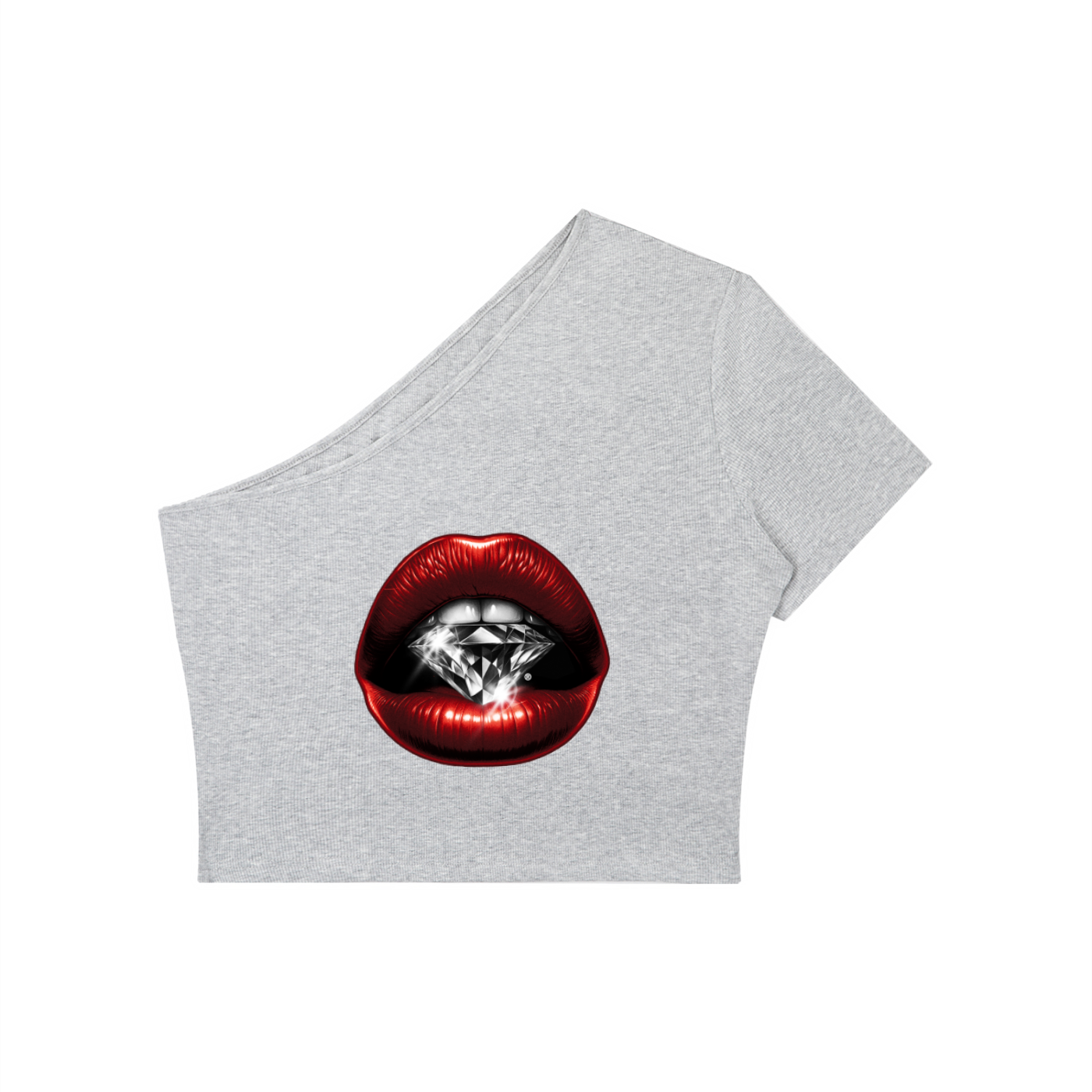 Women's One-Shoulder Crop T-Shirt – Red Lips Print | Bodycon Summer Top
