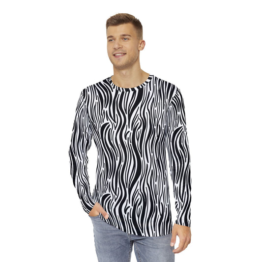 Men's Zebra Print Long Sleeve Black and White Print Shirt (AOP), Zebra Print T-Shirt for Men 100% Polyester, Light Fabric Tees