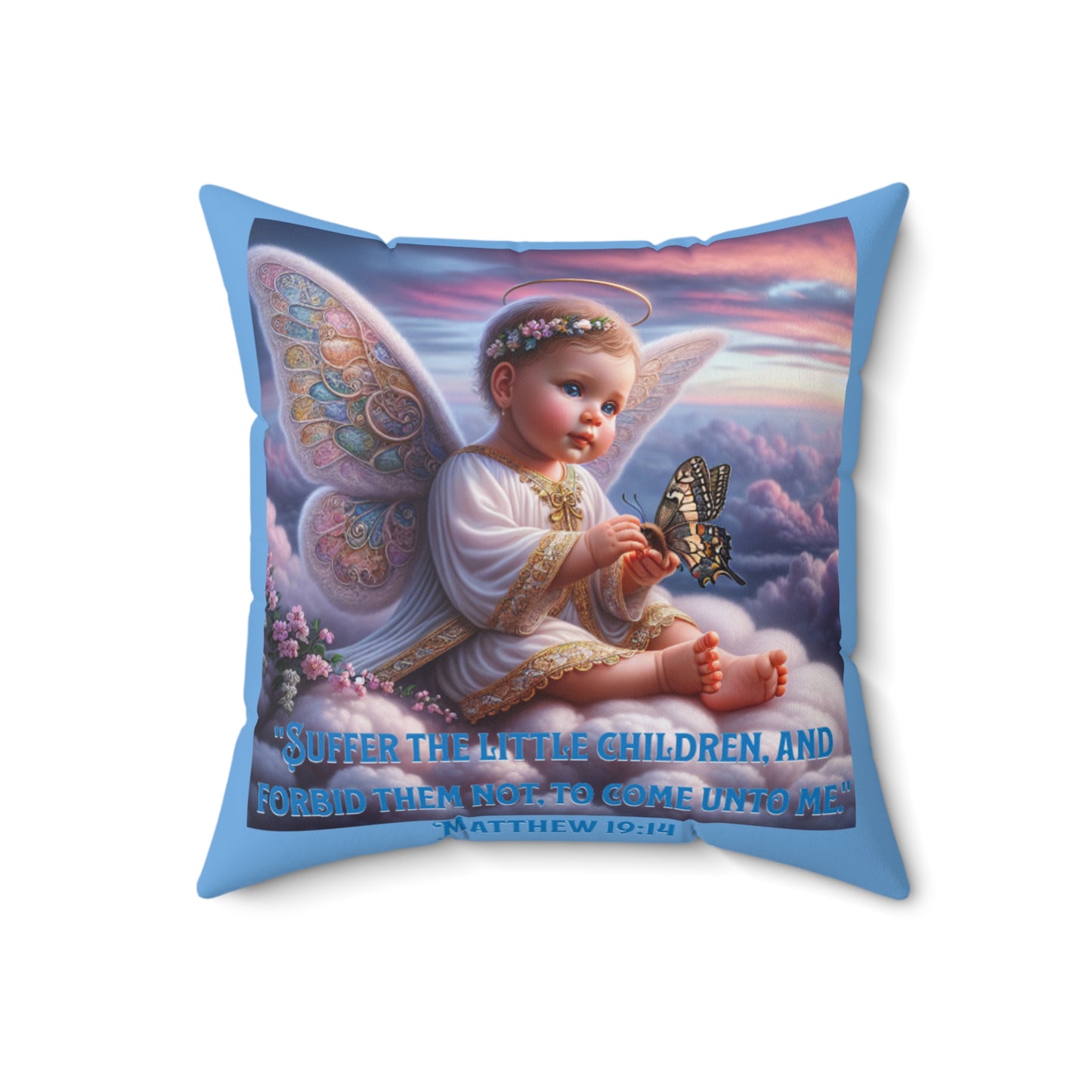Inspirational Baby Angel Pillow, 'Suffer the Little Children' Matthew 19:14, Baby Shower Gift for Infant Boy and Girl, Baby Blue Pillow for a Gift