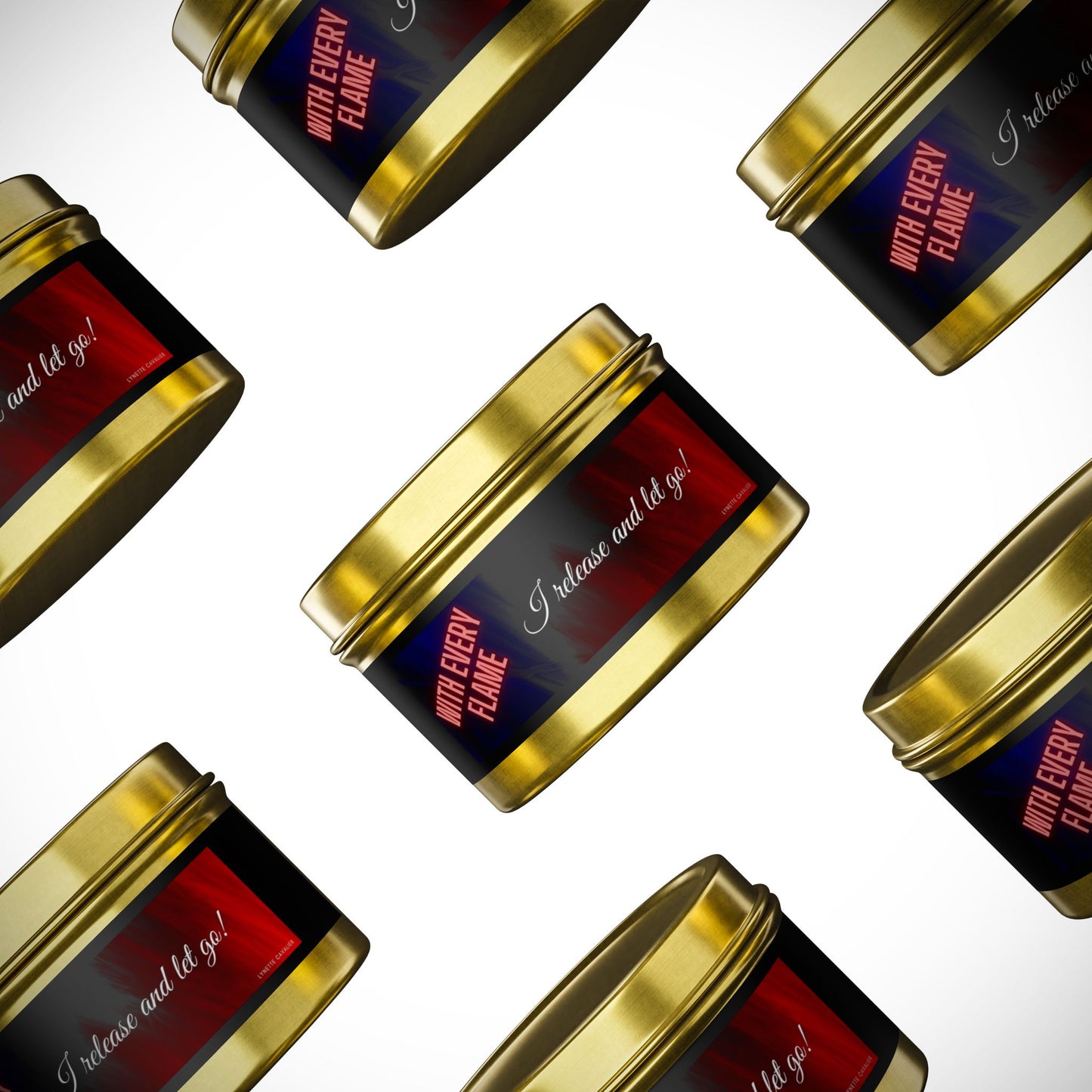 Lynette Cavalier's Tin Candles, Captivating aromas: Evergreen, Fresh Coffee, Mango Coconut, Spa Retreat, Vanilla Bean, Tin Colors: Gold, Silver, Black