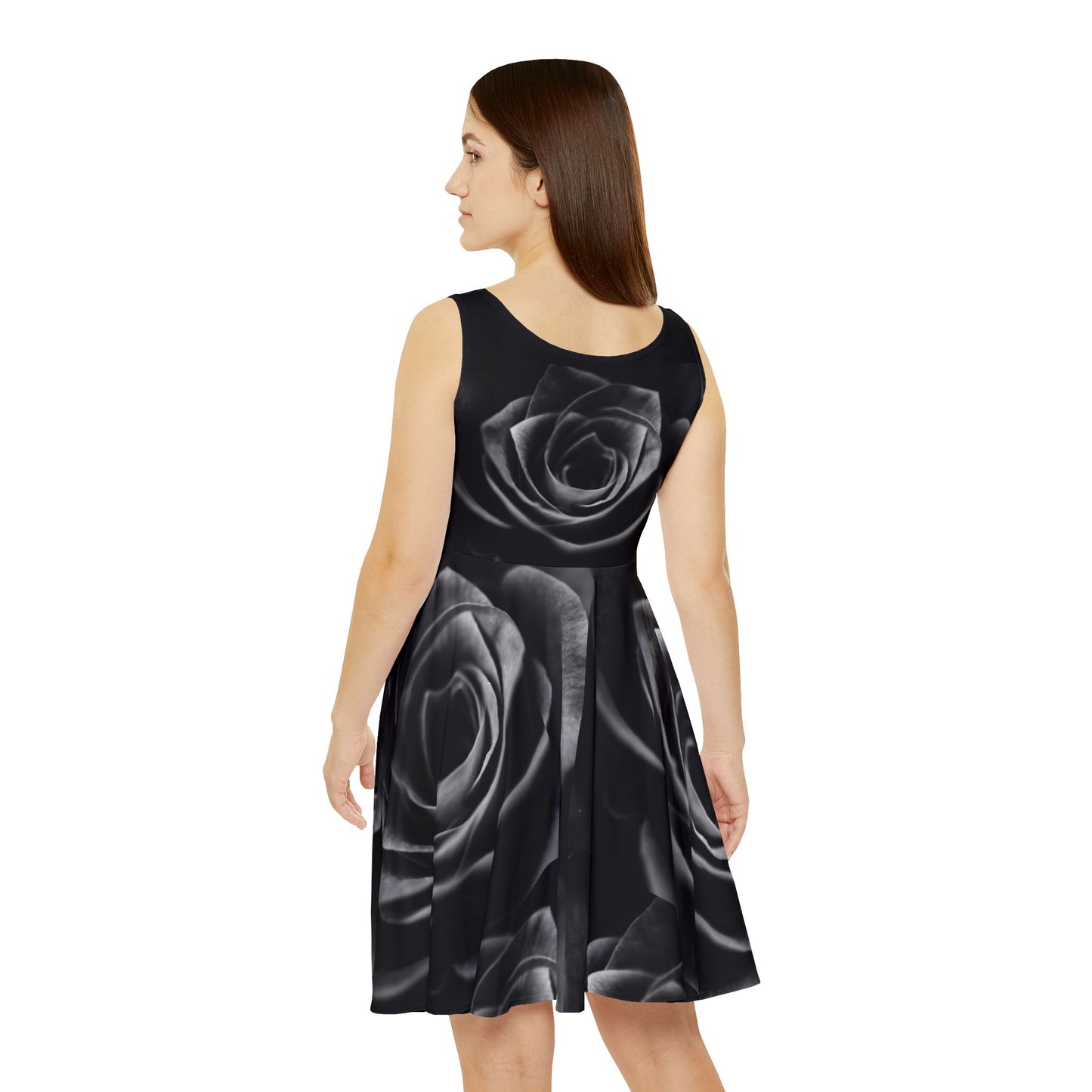 Women's Black Rose Print Skater Dress, Black T-Shirt Skater Dress for Women, Cute Black Skater Dress for Women