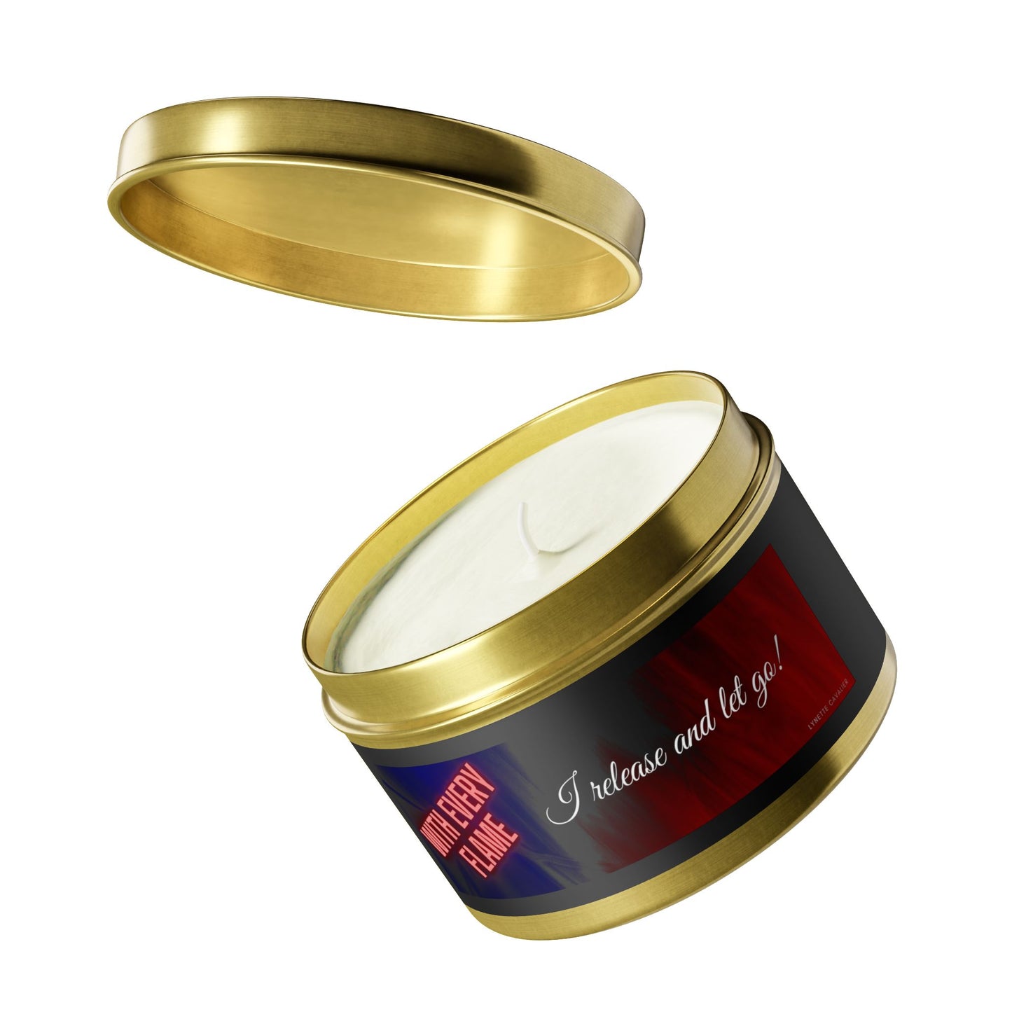Lynette Cavalier's Tin Candles, Captivating aromas: Evergreen, Fresh Coffee, Mango Coconut, Spa Retreat, Vanilla Bean, Tin Colors: Gold, Silver, Black