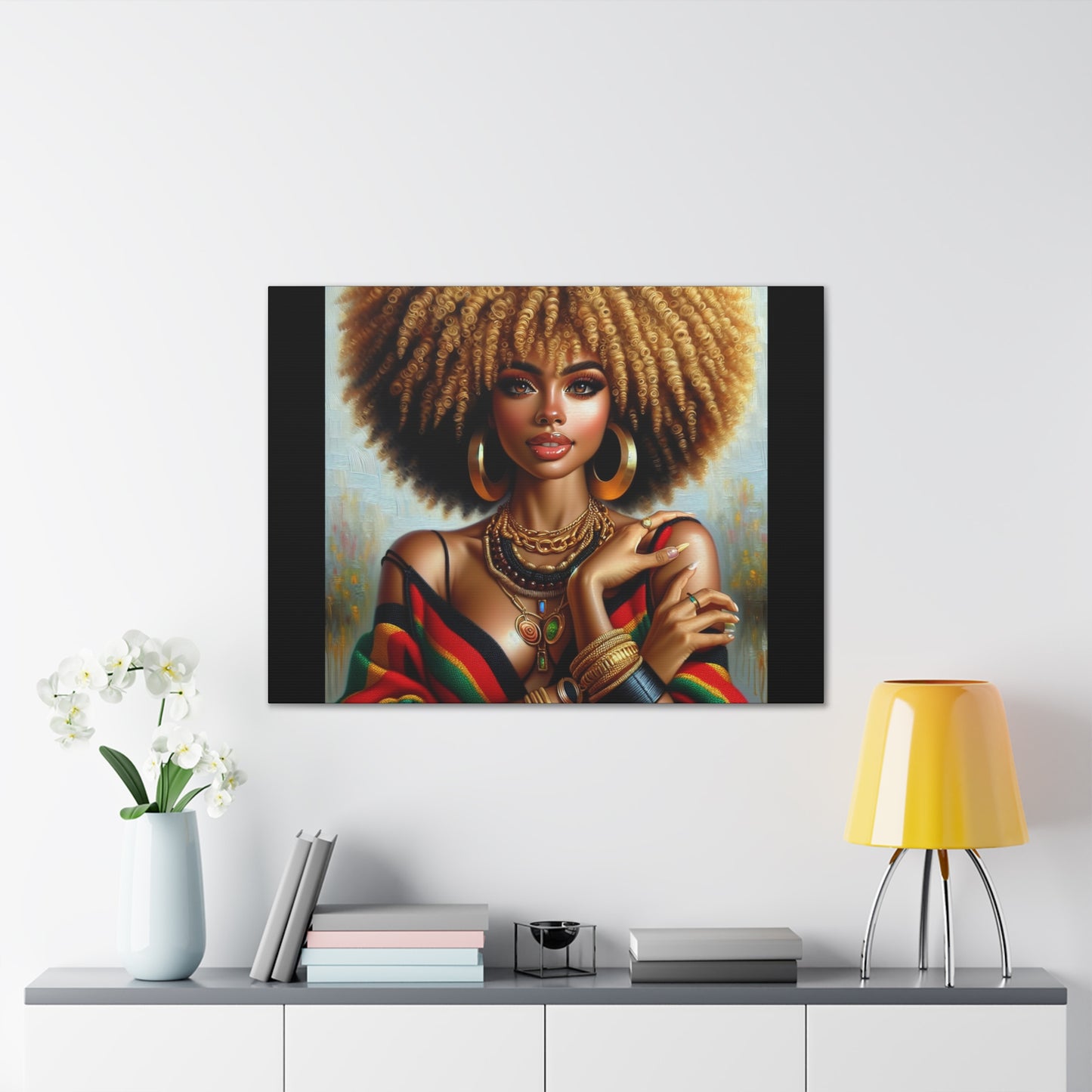 Stretched Canvas Art Print – Afrocentric Portrait, Black Woman Confidence Canvas Art in Afrocentric Colors, 92 % Women Merchandise