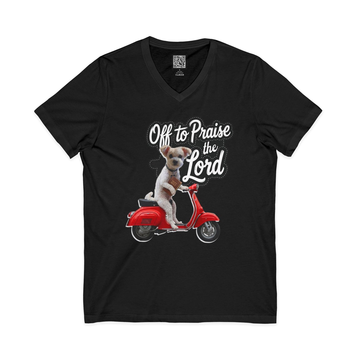 Personalized Dog on Scooter V-Neck Tee - "Off to Praise the Lord"