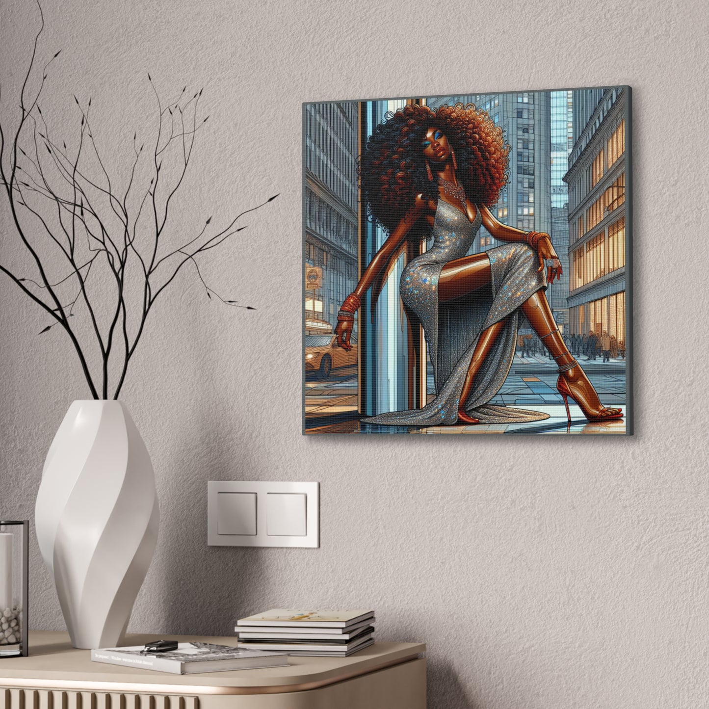 Chic Urban Canvas Art - Glamorous Fashionista Wall Decor, Black Art Collection, Beautiful Black Woman Posing Silver and Gray Canvas Art