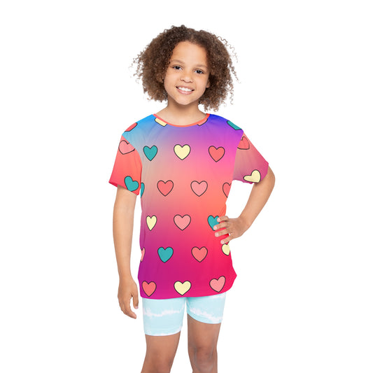 Colorful Heart Girls Sports Jersey, Fun & Playful Activewear, Cute Heart Print Top for Girls,
