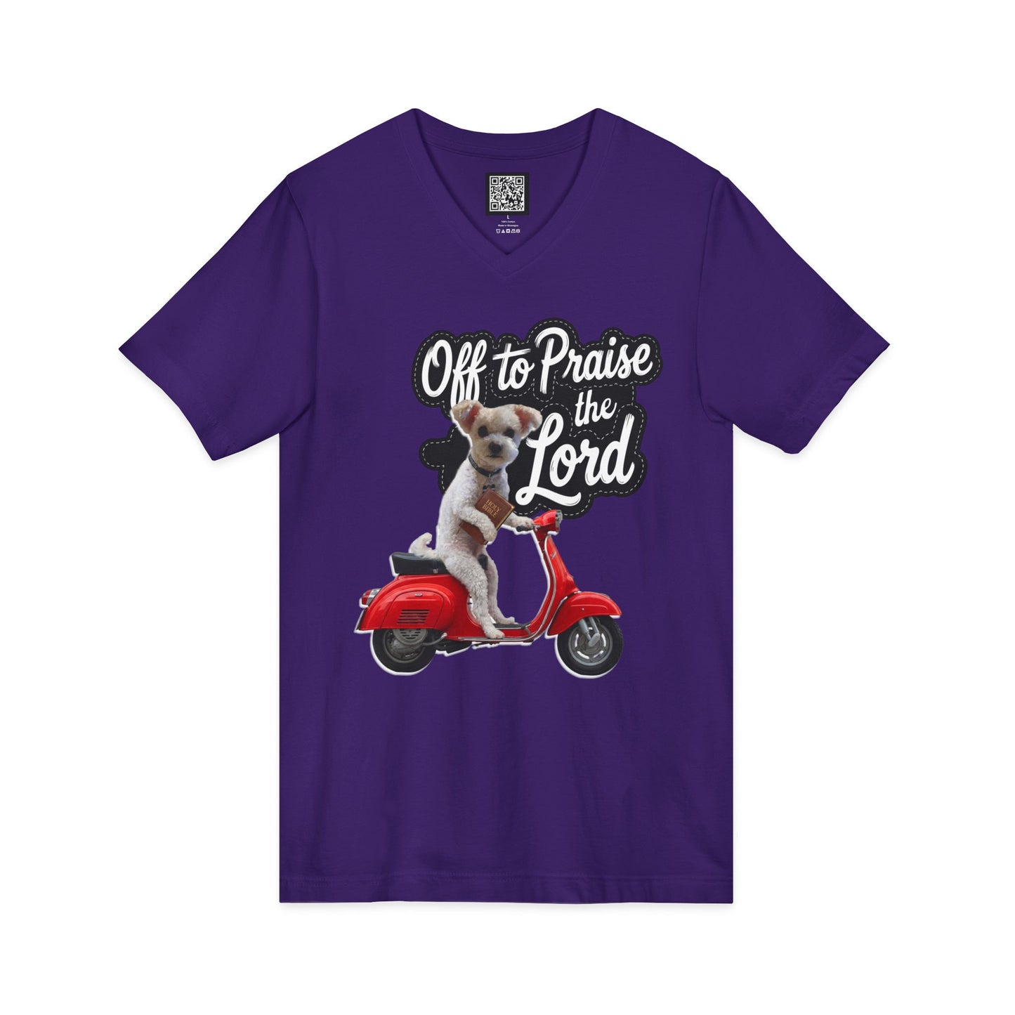 Personalized Dog on Scooter V-Neck Tee - "Off to Praise the Lord"