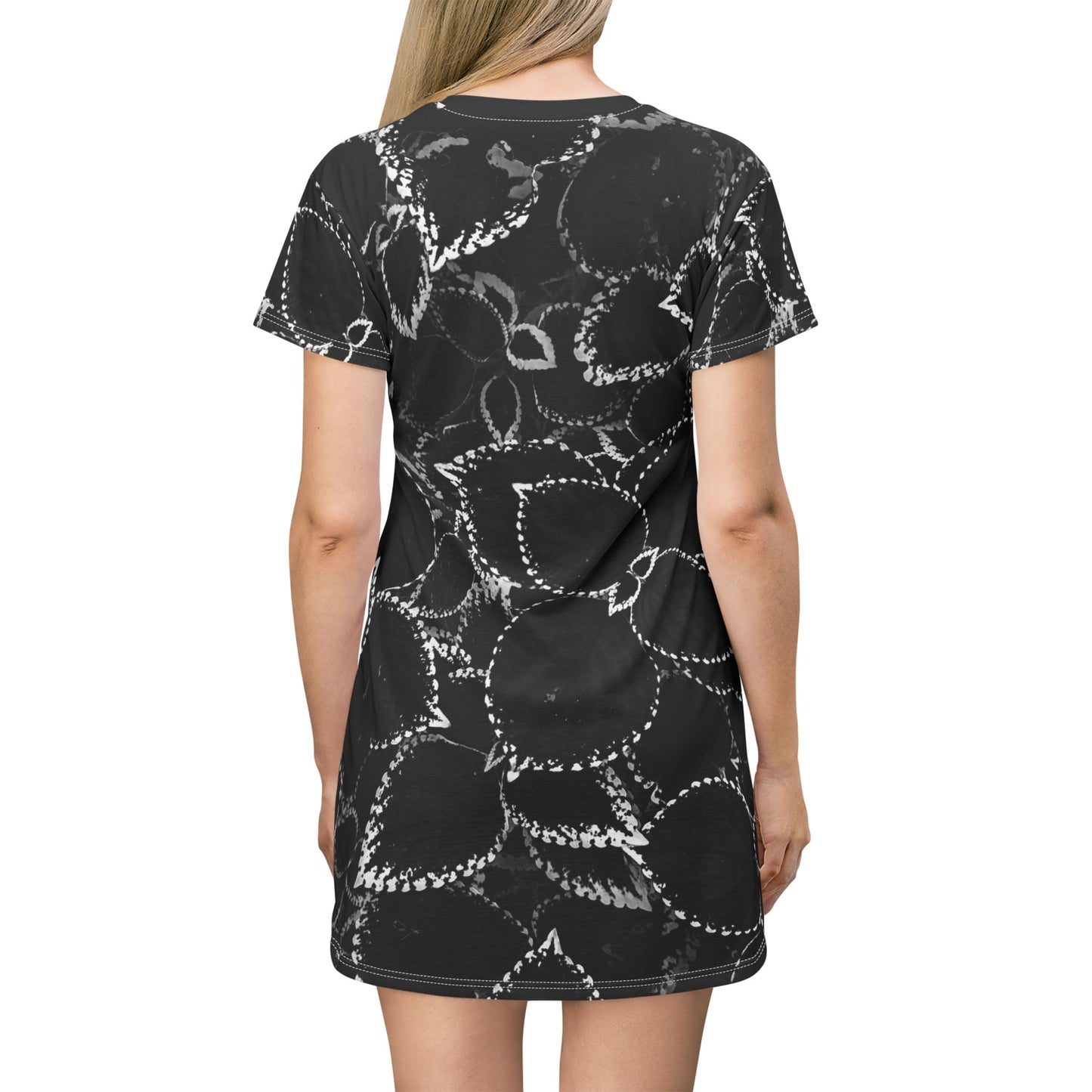 Black Leaf Print T-Shirt Dress, Cute T-Shirt Dress for Women, Black and White T-Shirt Dress, Semi-Casual Dress for Any Occasion