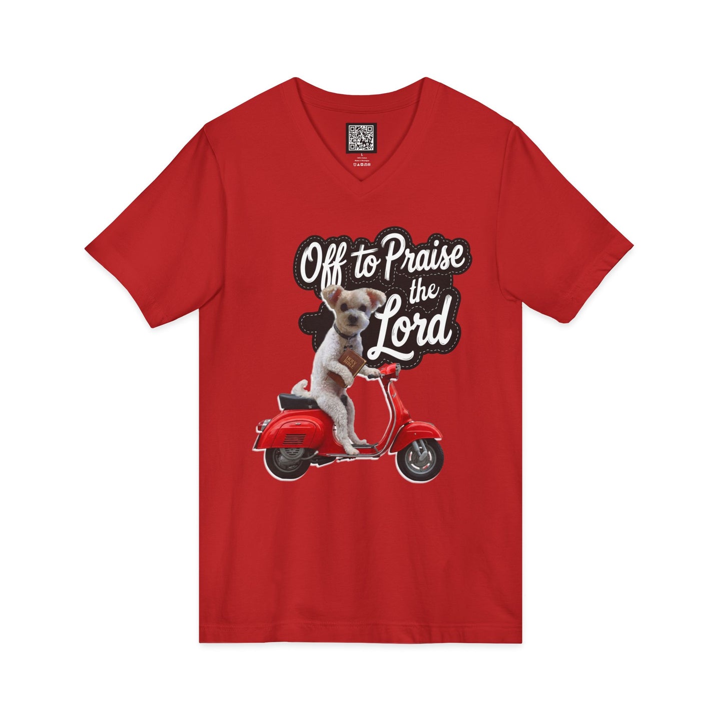 Personalized Dog on Scooter V-Neck Tee - "Off to Praise the Lord"