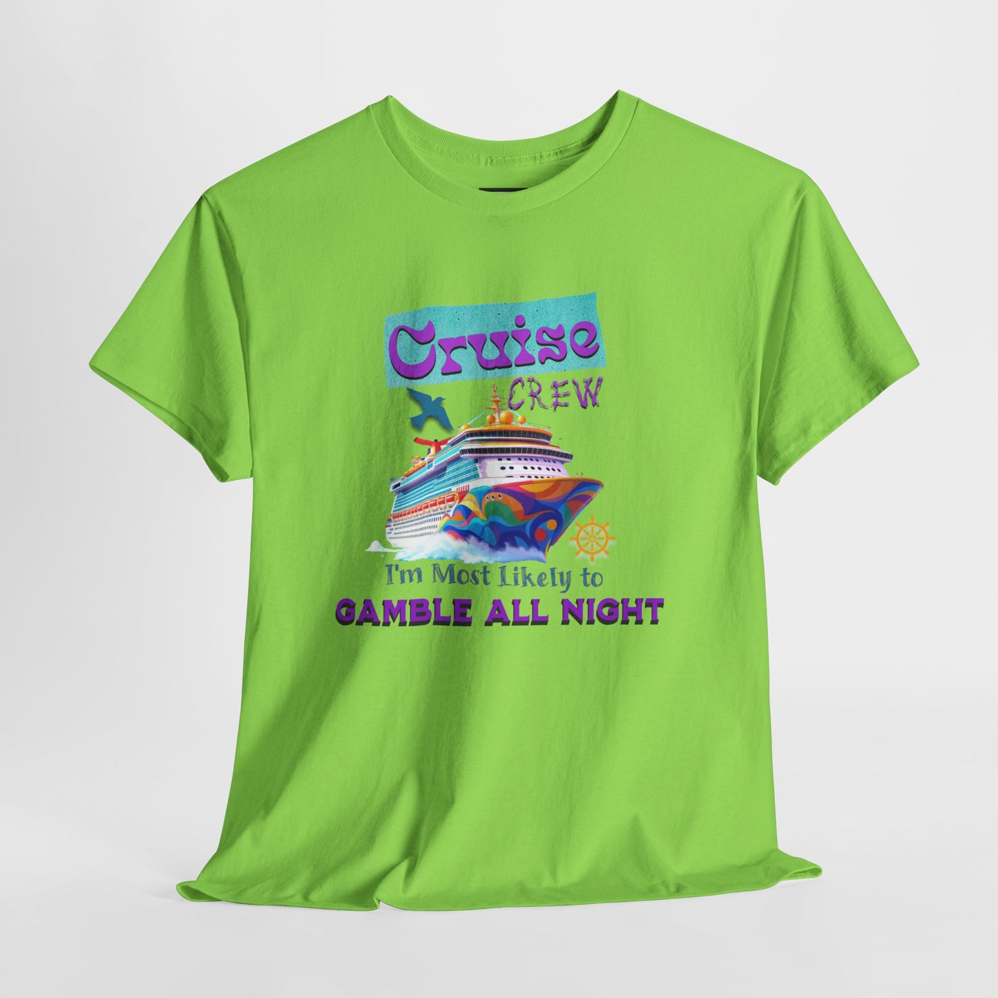 Cruise Crew Heavy Cotton Tee - Gamble All Night, Vacation Shirt, Cruise Wear, Fun Travel Outfit, Summer Party Top, Gambler's T-Shirt