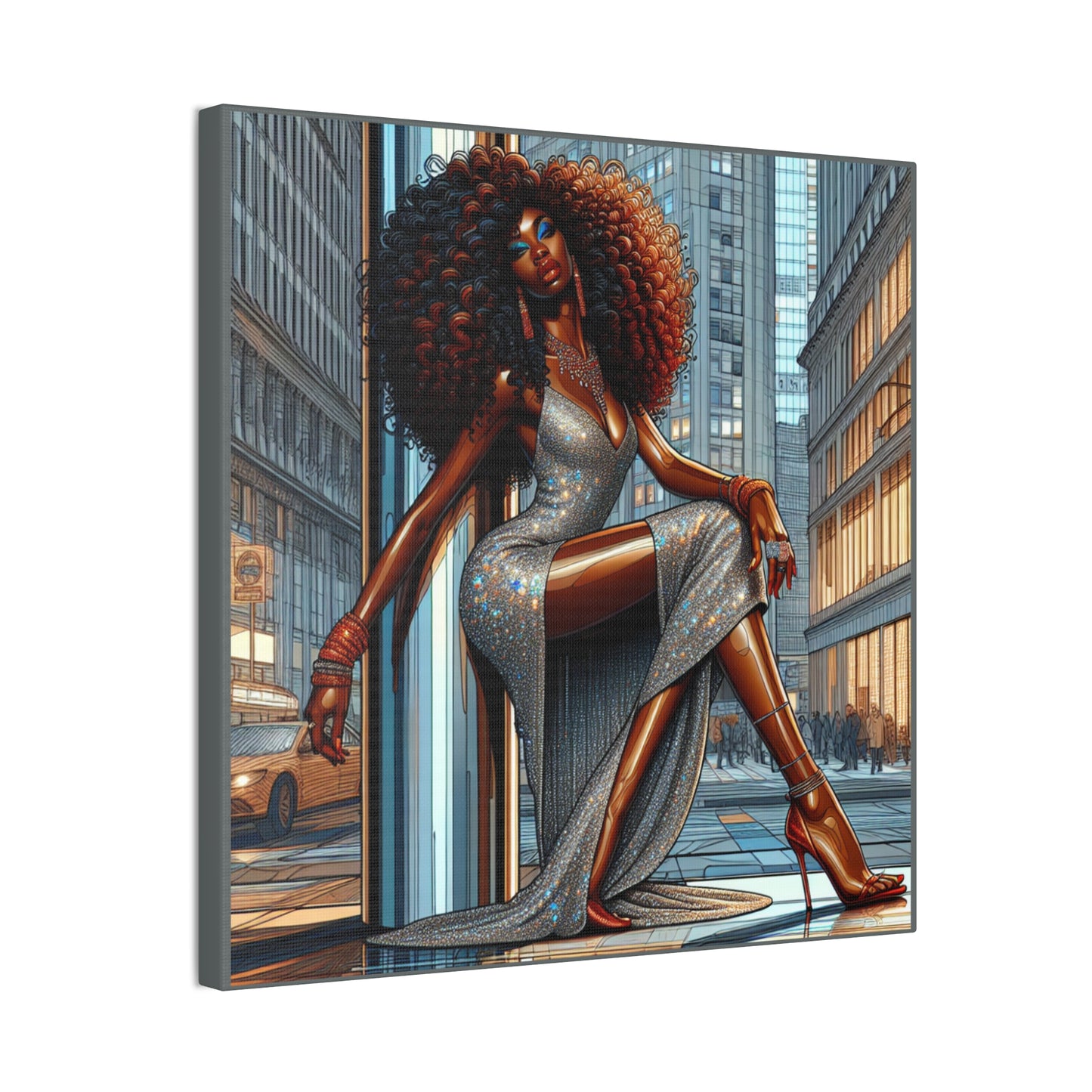 Chic Urban Canvas Art - Glamorous Fashionista Wall Decor, Black Art Collection, Beautiful Black Woman Posing Silver and Gray Canvas Art