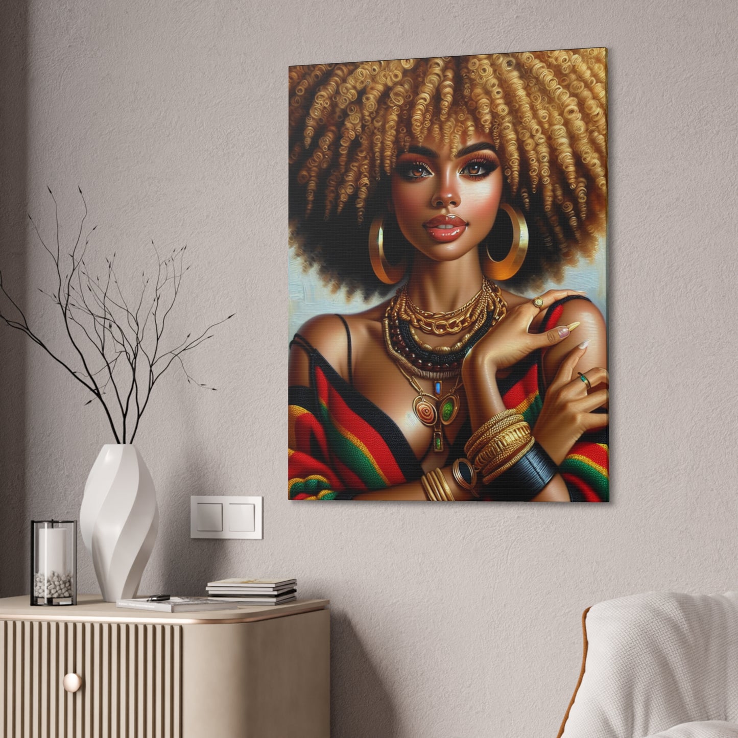 Vibrant Afrocentric Canvas Art, Fine Black Art Print, Beautiful Black Woman in Afrocentric Colors Canvas Photo,