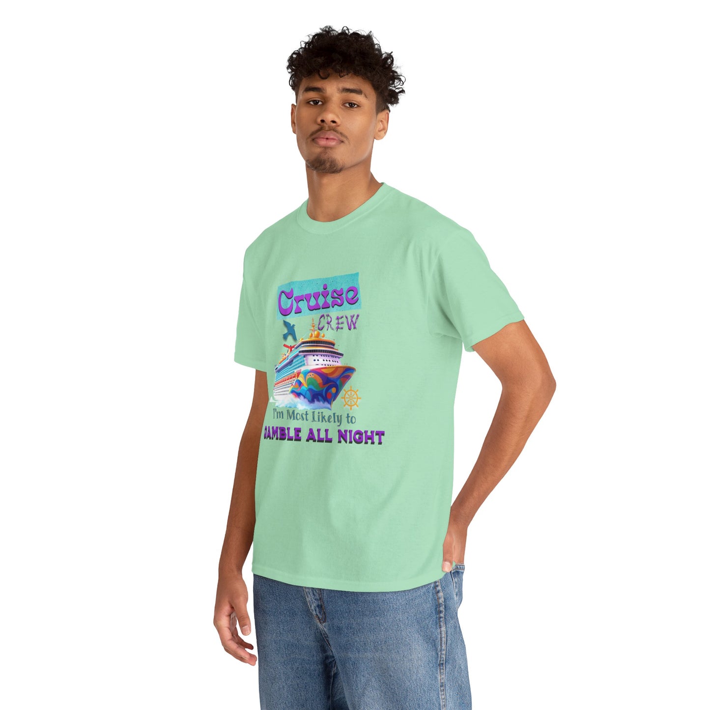 Cruise Crew Heavy Cotton Tee - Gamble All Night, Vacation Shirt, Cruise Wear, Fun Travel Outfit, Summer Party Top, Gambler's T-Shirt