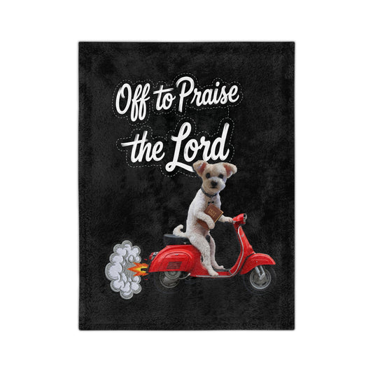 Custom Off to Praise the Lord Velveteen Microfiber Blanket — Christian Dog on Red Scooter
