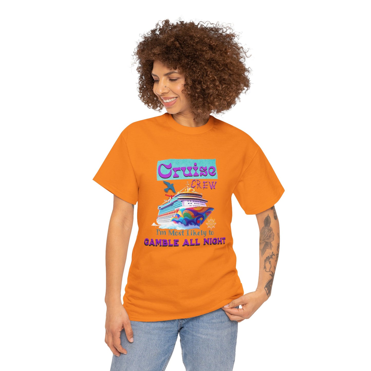 Cruise Crew Heavy Cotton Tee - Gamble All Night, Vacation Shirt, Cruise Wear, Fun Travel Outfit, Summer Party Top, Gambler's T-Shirt